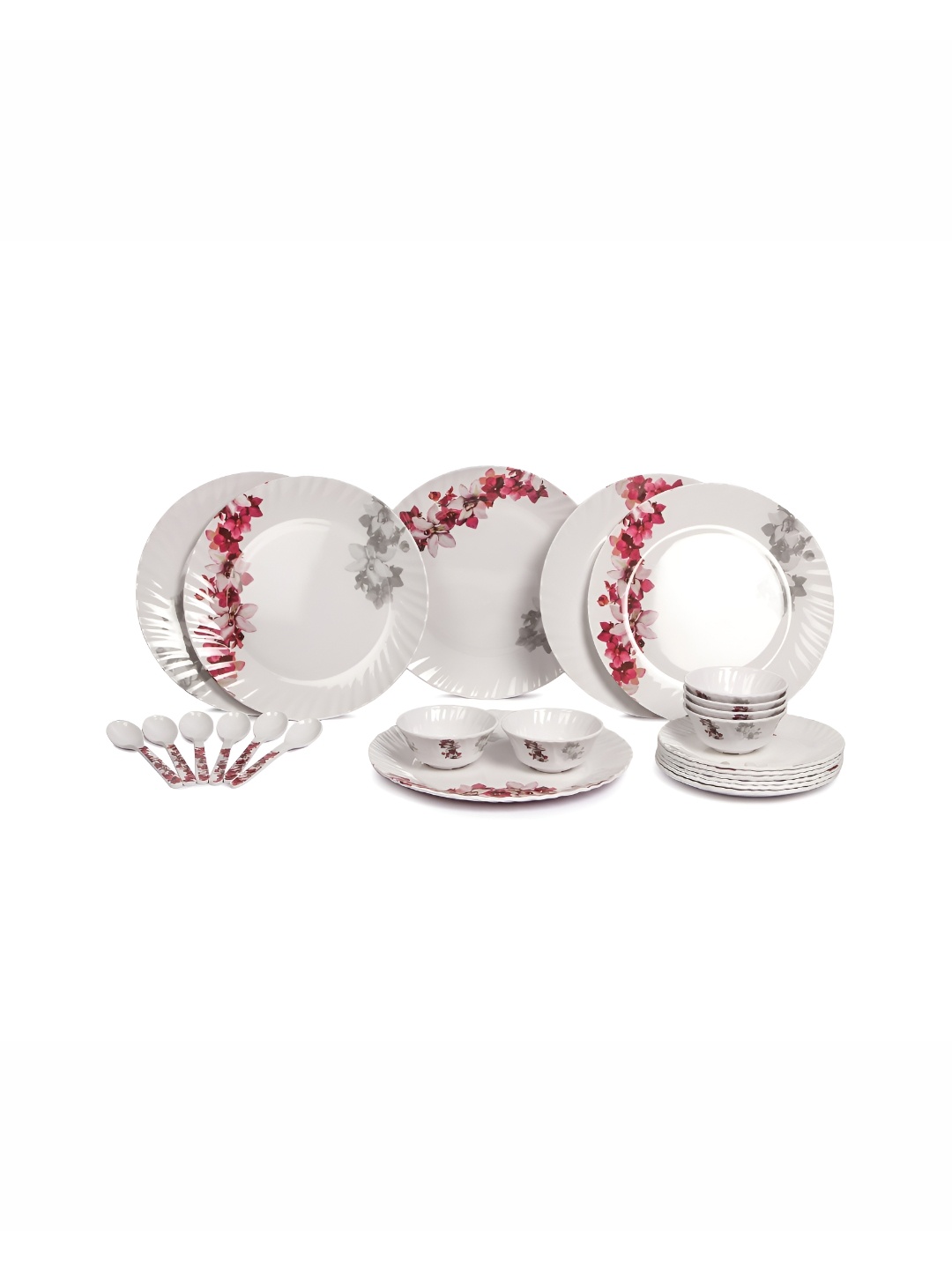 

AEMAHARANI White & Red 24 Pieces Floral Printed Melamine Matte Dinner Set