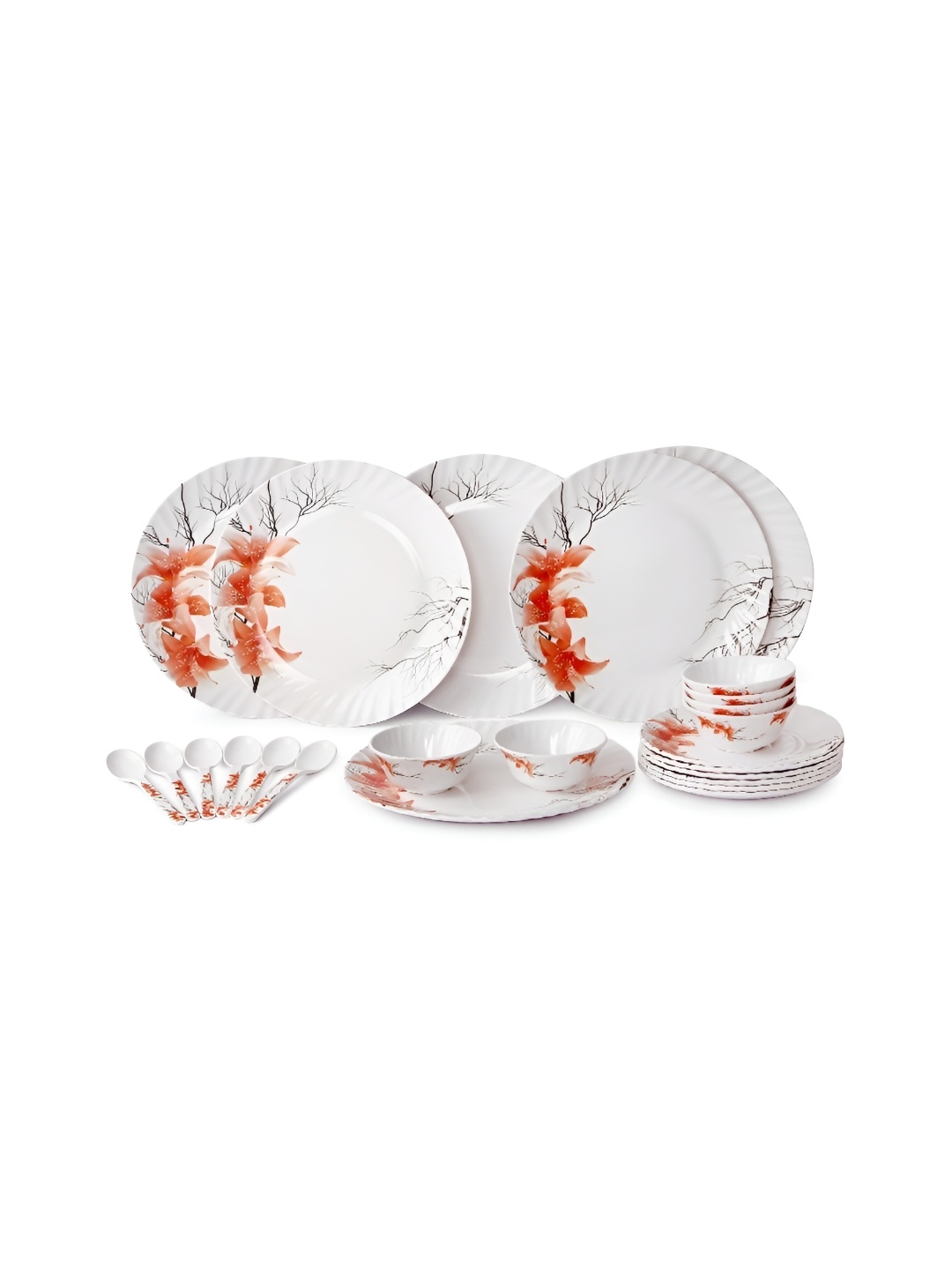 

AEMAHARANI White & Red 24 Pieces Floral Printed Melamine Matte Dinner Set