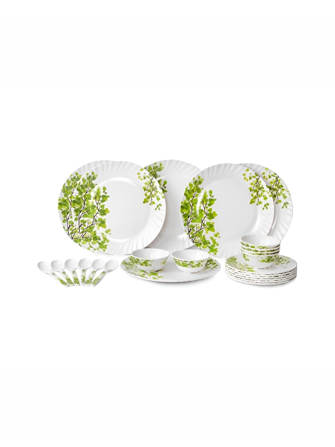 

AEMAHARANI White & Green 24 Pieces Floral Printed Melamine Glossy Dinner