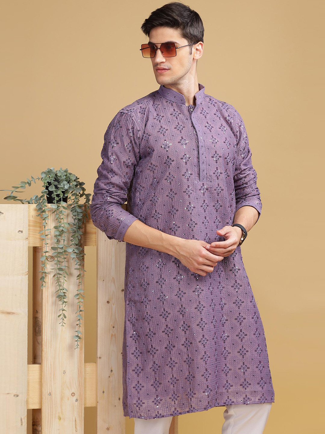 

Anouk Purple Ethnic Embroidered Mandarin Collar Sequinned Lucknowi Cotton Straight Kurta