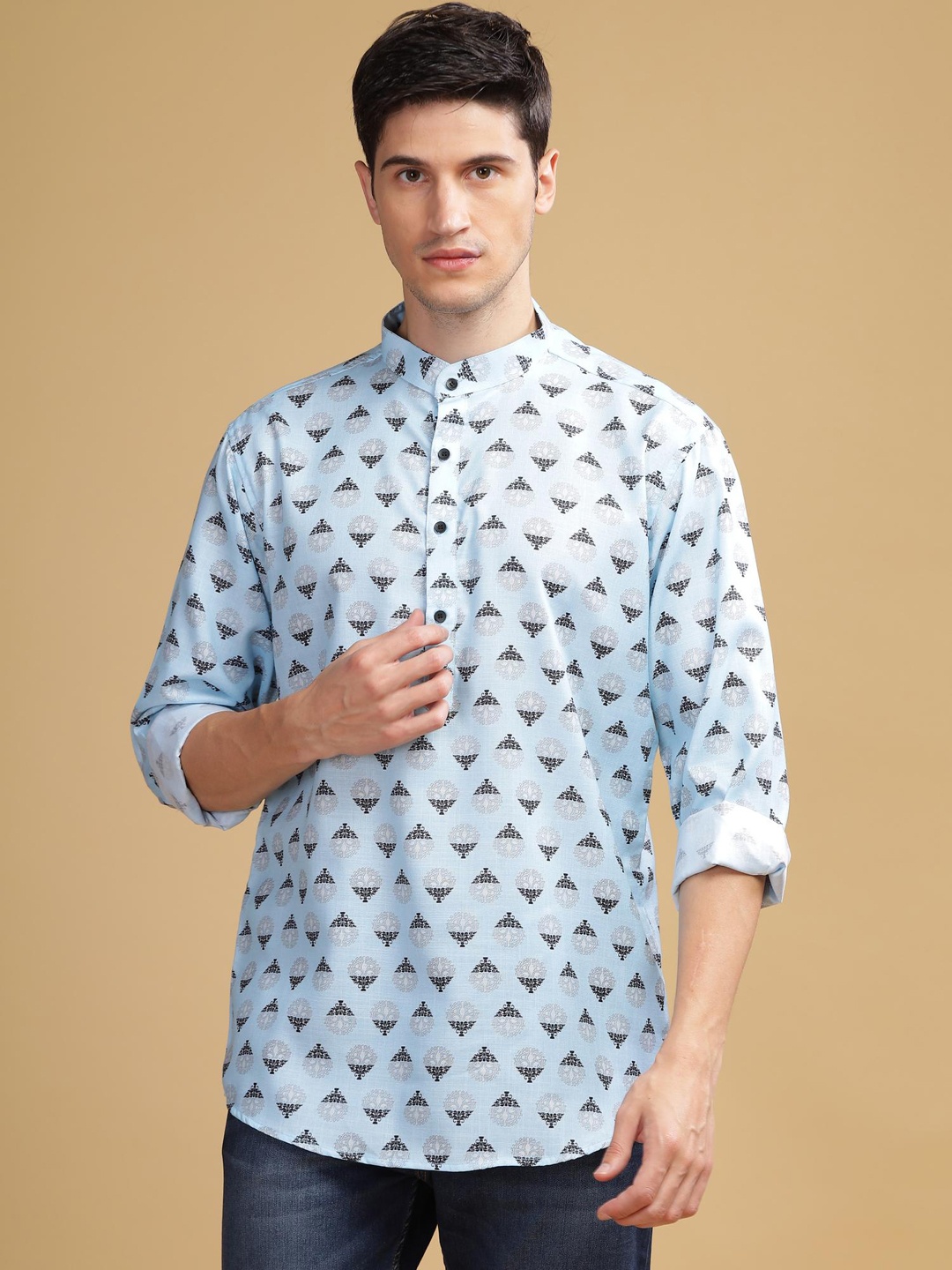 

Anouk Blue Ethnic Motifs Printed Mandarin Collar Cotton Straight Kurta