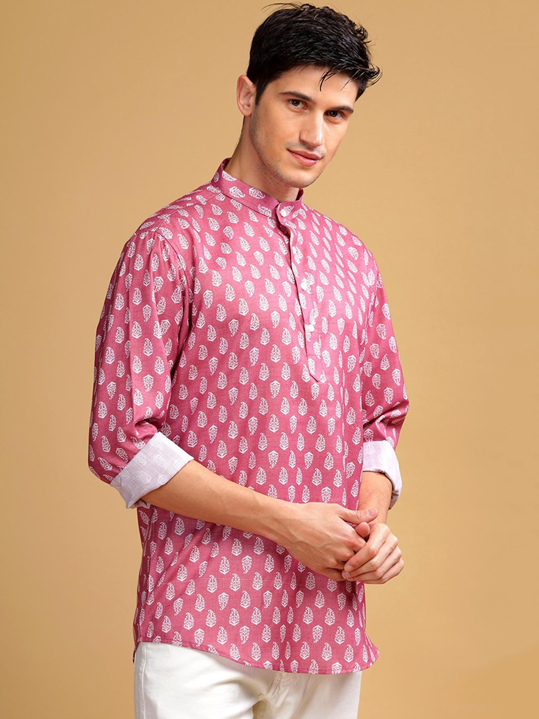 

Anouk Ethnic Motifs Printed Mandarin Collar Full Sleeves Cotton Short Straight Kurta, Pink