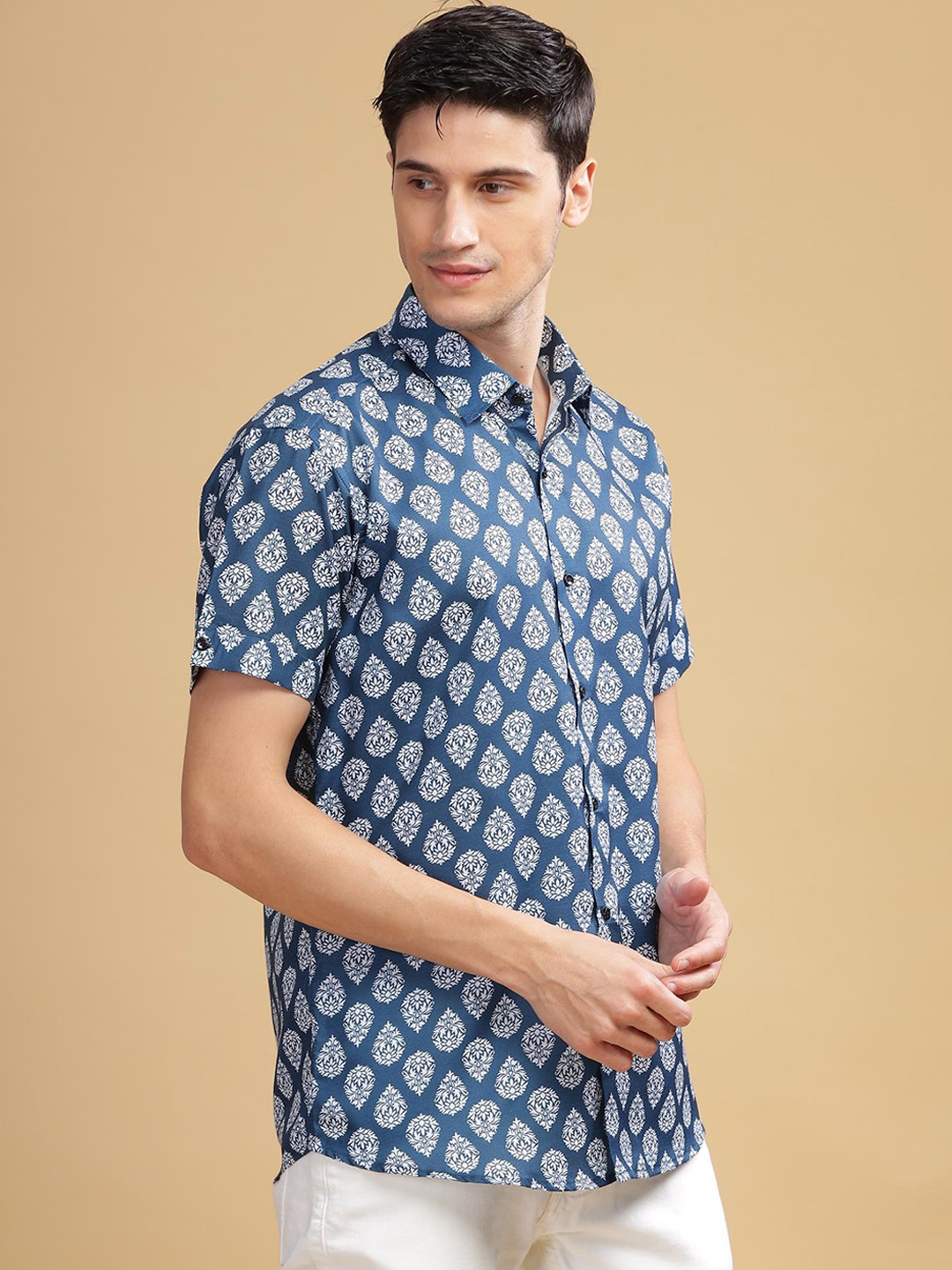 

Anouk Blue Ethnic Motifs Printed Spread Collar Short Sleeves Cotton Casual Shirt