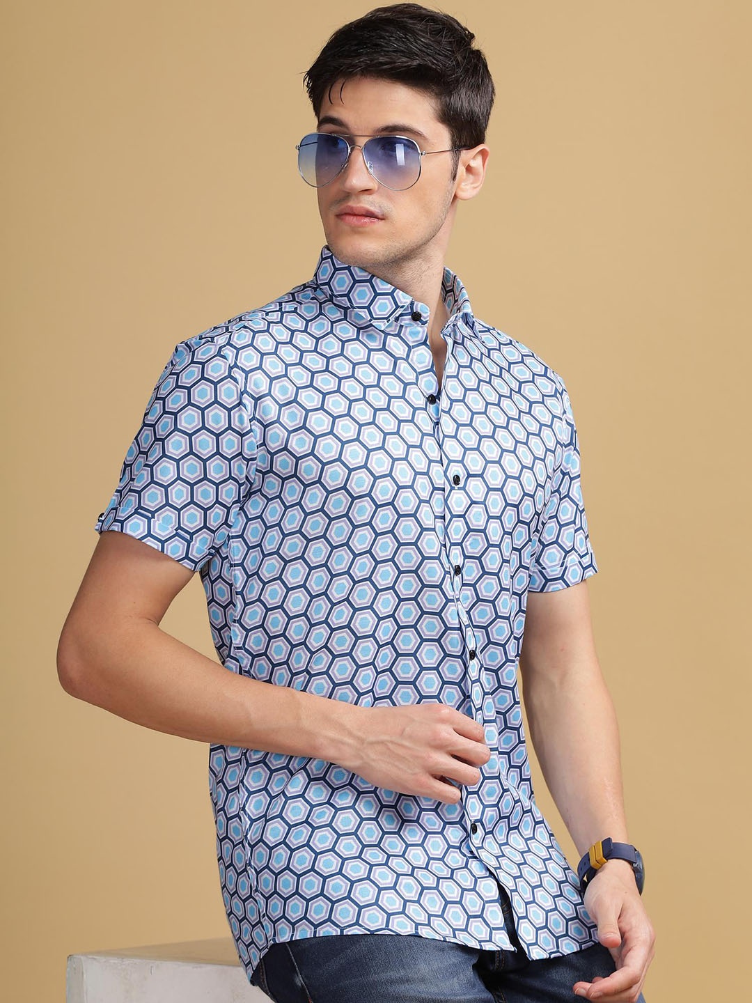 

Anouk Blue Geometric Printed Spread Collar Cotton Casual Shirt