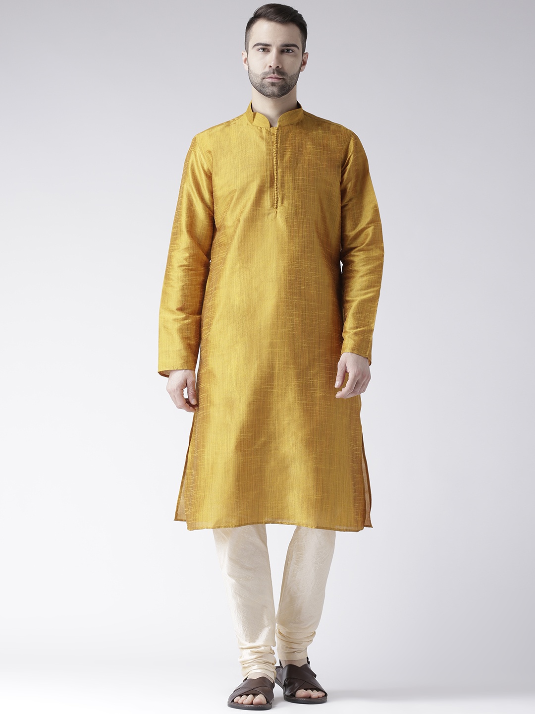 

DEYANN Men Yellow & Cream-Coloured Solid Kurta with Pyjamas