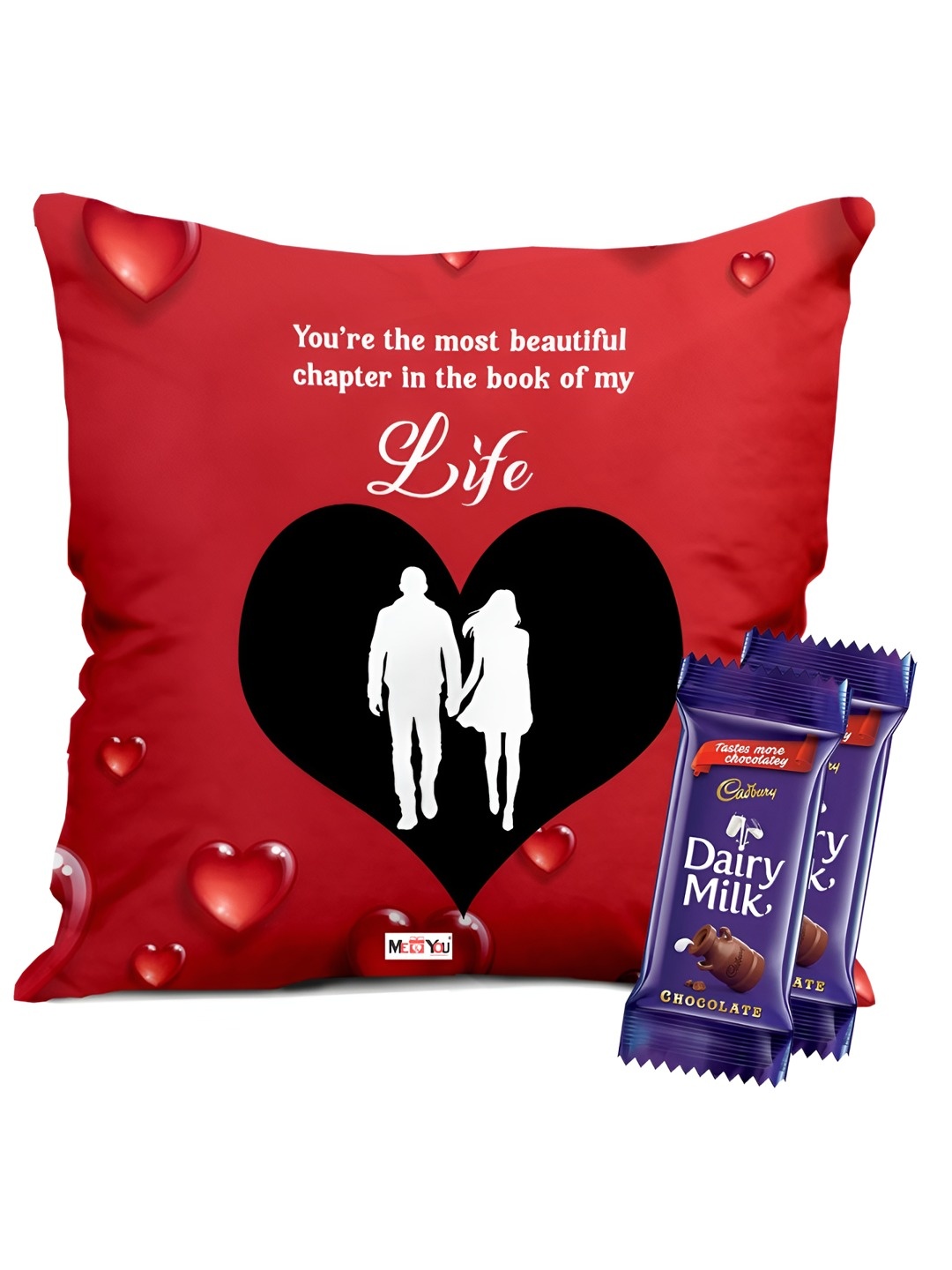 

ME & YOU 3-Pcs Printed Cushion & Chocolate Valentine's Gifts, Red