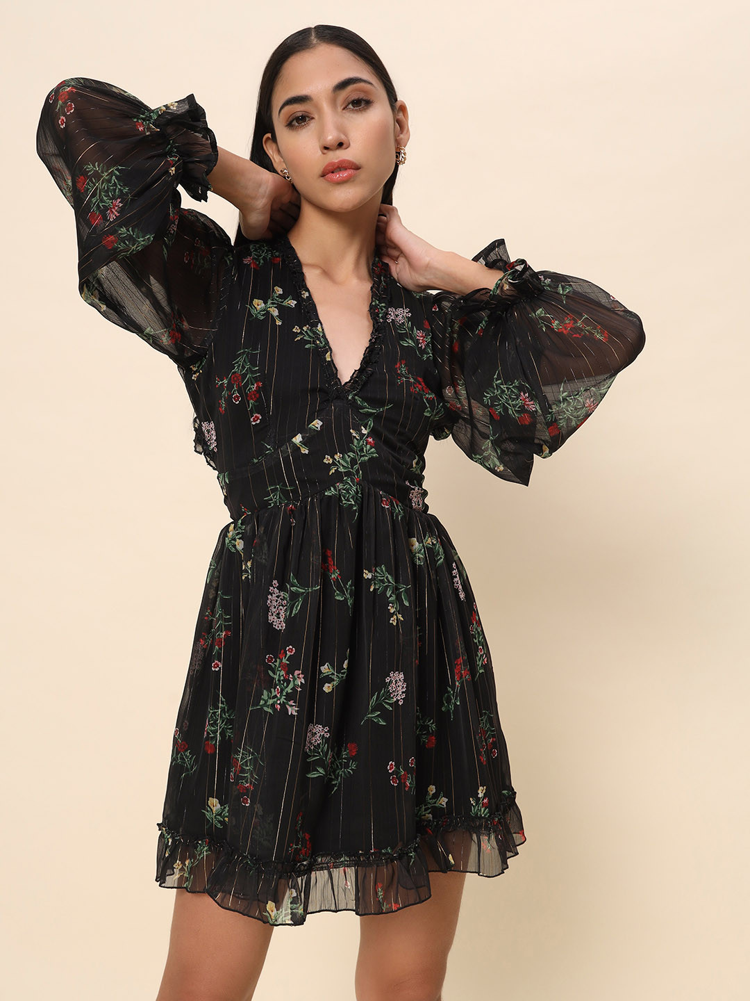 

HERE&NOW Floral Printed V-Neck Puff Sleeve Fit & Flare Party Dress, Black