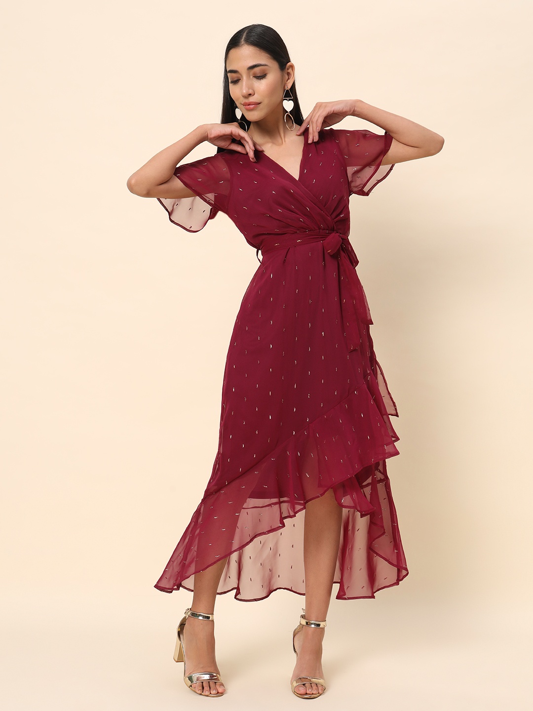 

HERE&NOW Polka Dot Print Wrap Midi Dress, Burgundy