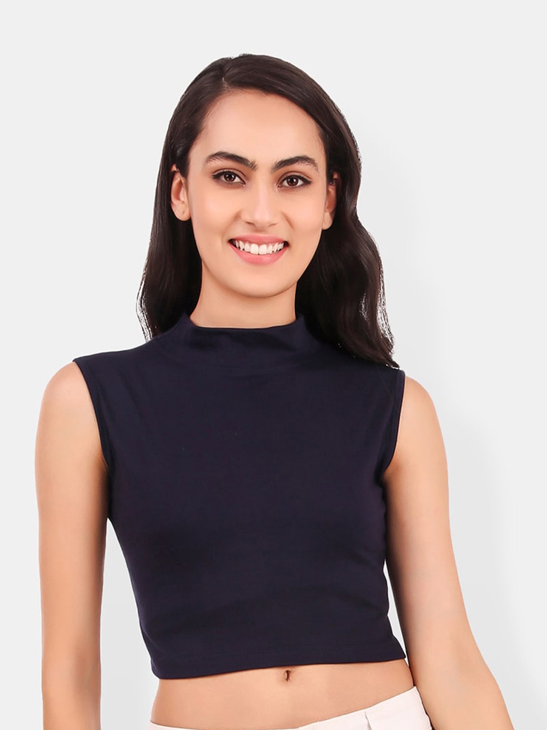 

Be You High Neck Cotton Fitted Crop Top, Navy blue