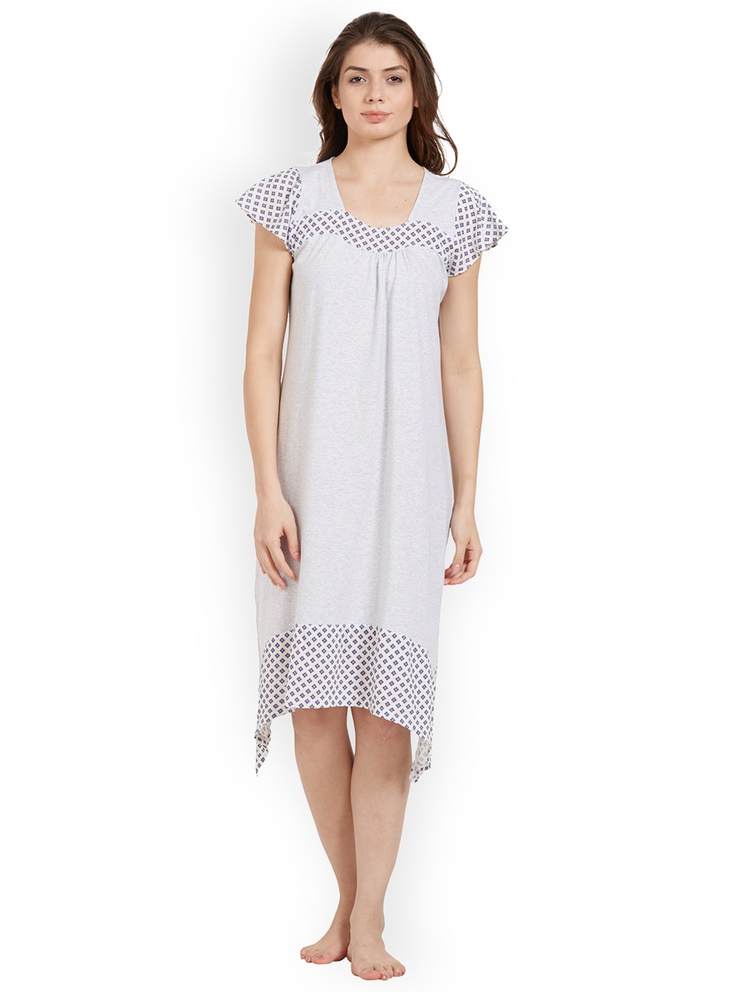 

Soie Grey Blue Solid Knee Length Nightdress