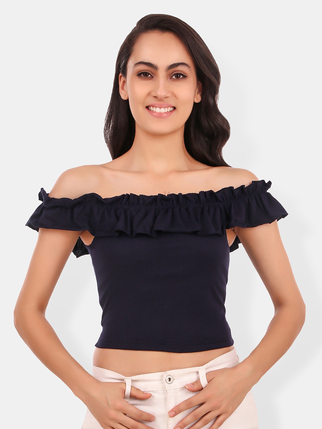 

Be You Off-Shoulder Ruffles Cotton Bardot Crop Top, Navy blue