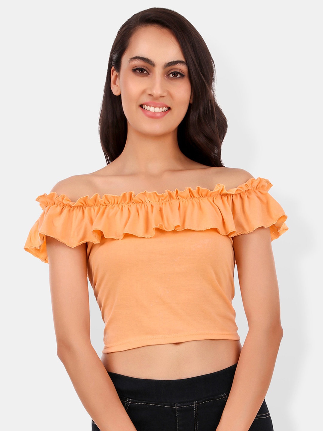 

Be You Off-Shoulder Flutter Sleeve Ruffles Cotton Bardot Crop Top, Peach