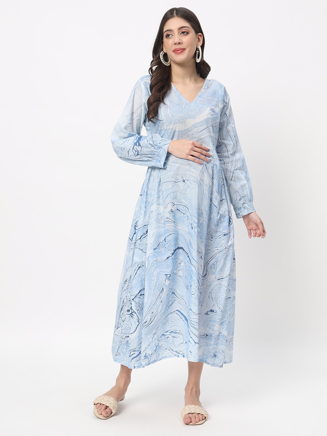 

Aujjessa Ethnic Motifs Printed Cotton Flared Maternity Fit & Flare Midi Dress, Blue
