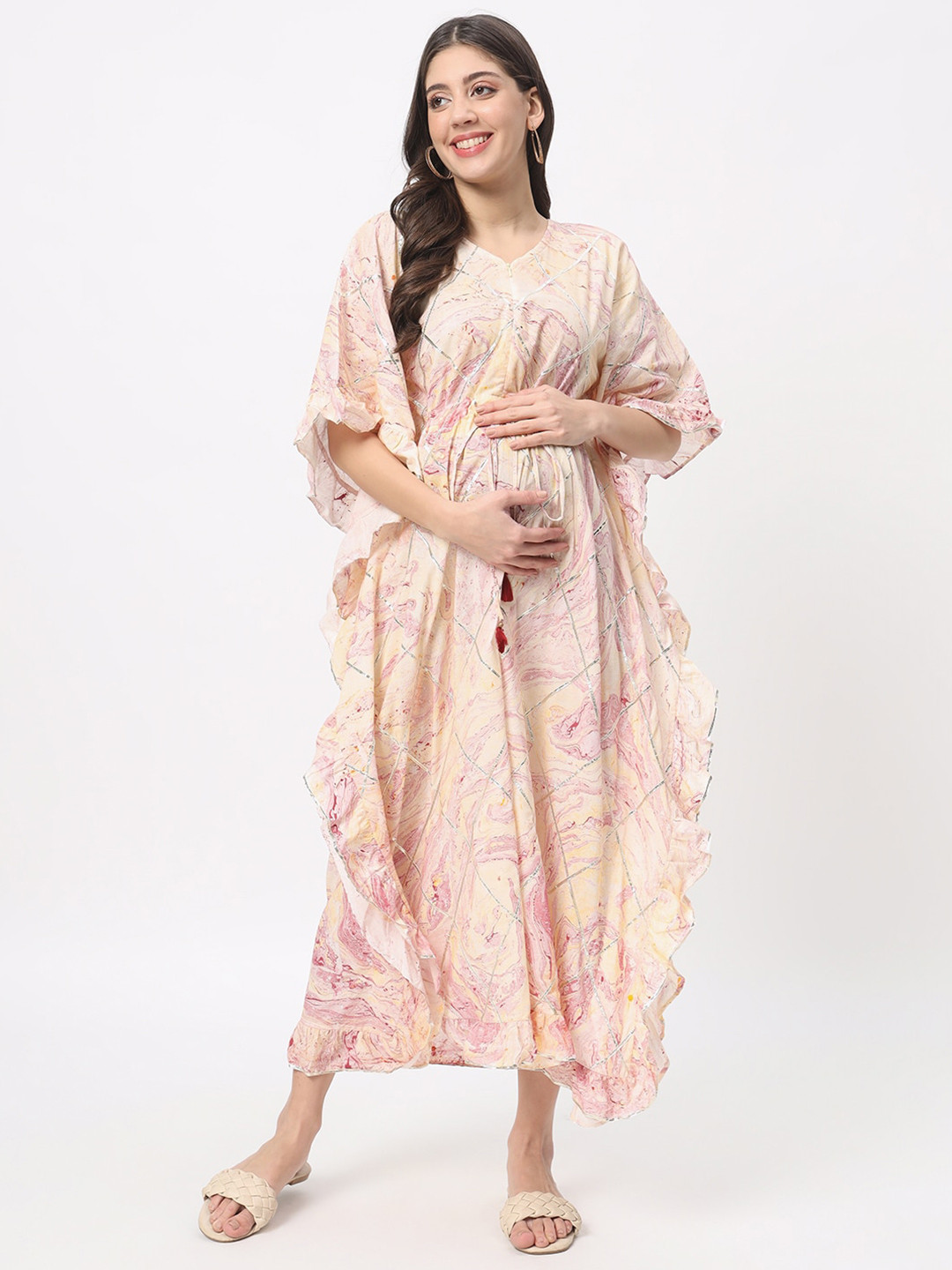 

Aujjessa Floral Printed Cotton Flared Maternity Kaftan Midi Dress, Yellow