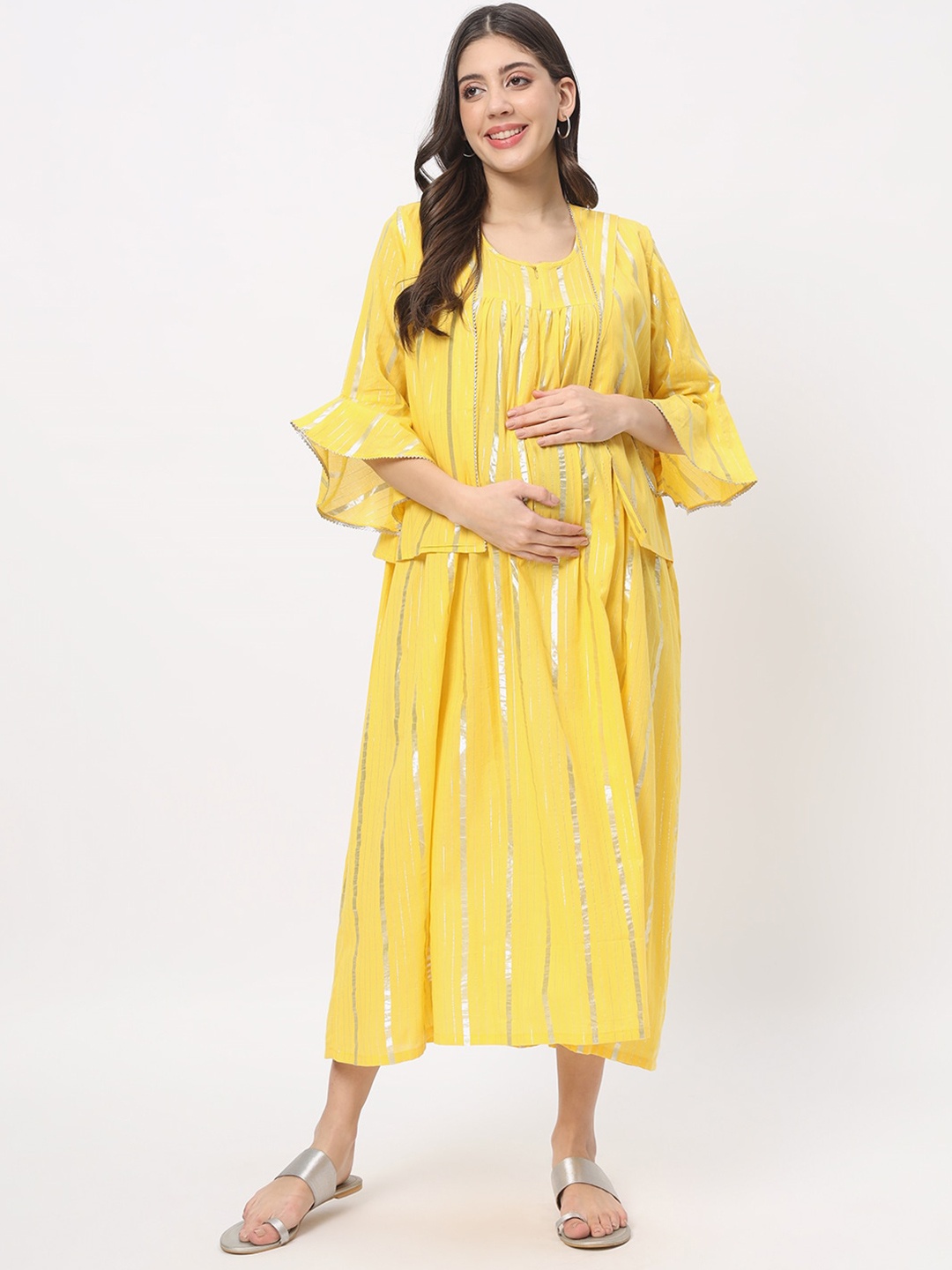 

Aujjessa Tie and Dye Printed Cotton Maternity A-Line Midi Dress, Yellow