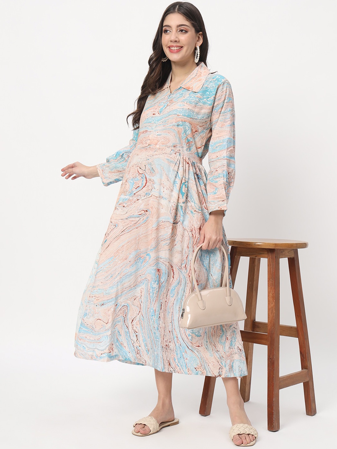 

Aujjessa Tie and Dye Dyed Cotton Flared Maternity A-Line Midi Dress, Turquoise blue