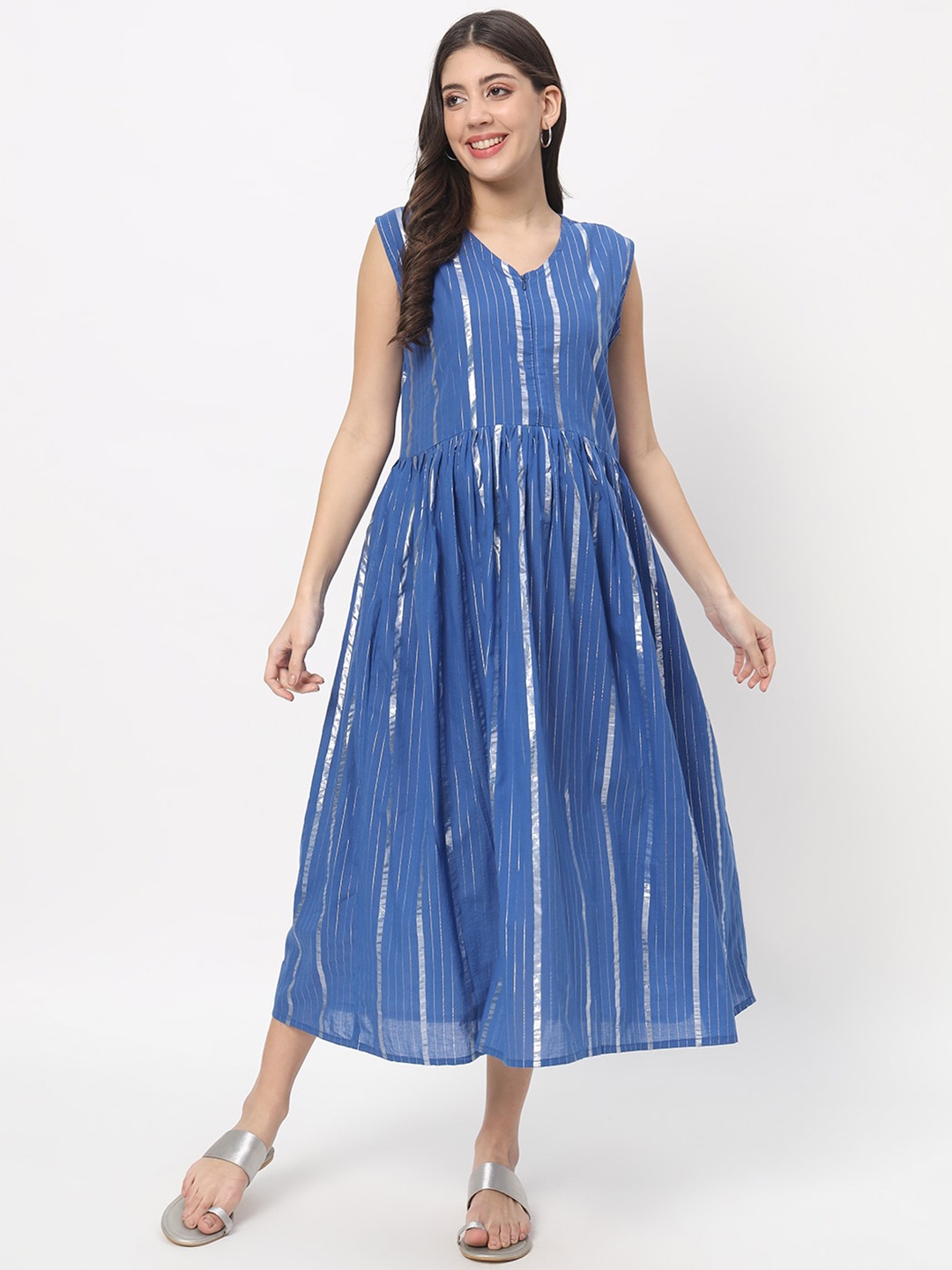 

Aujjessa Striped Cotton Maternity Flared A-Line Midi Dress, Blue