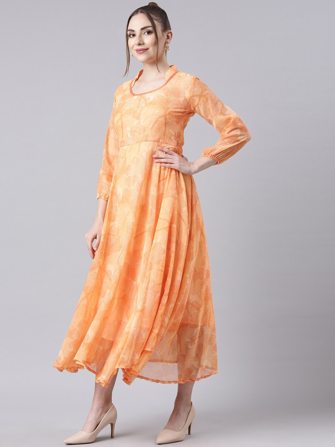 

Souchii Floral Printed Mandarin Collar Pleated Fit & flare Midi Dress, Orange