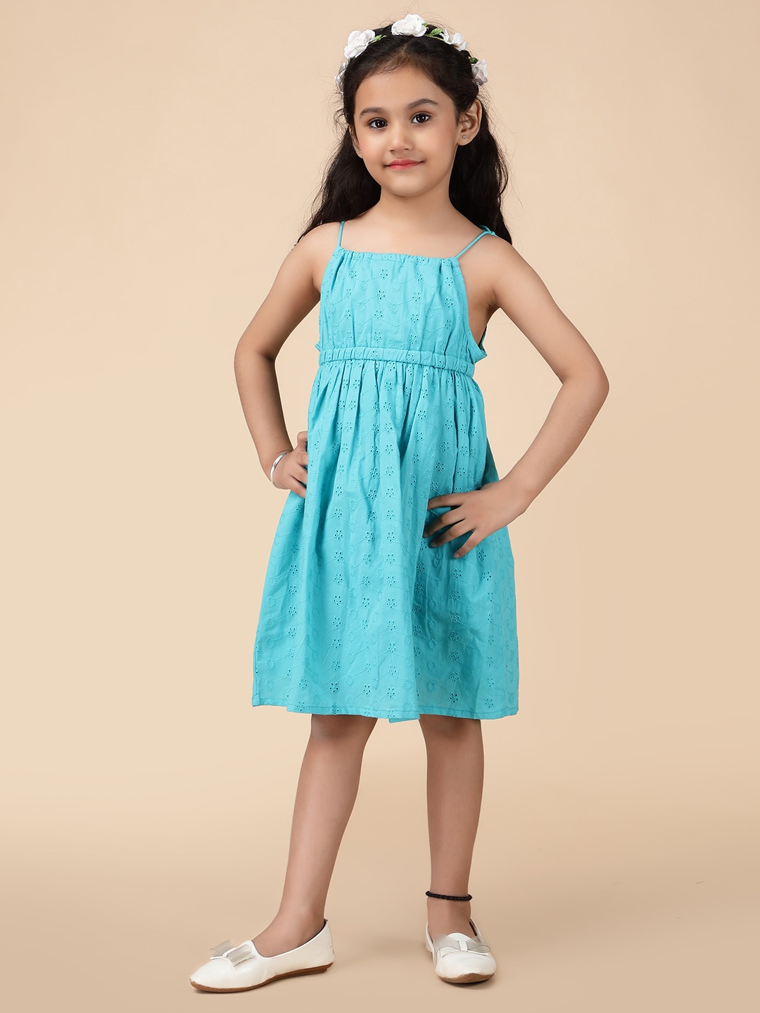 

KASYA Girls Embellished Print A-Line Cotton Dress, Blue