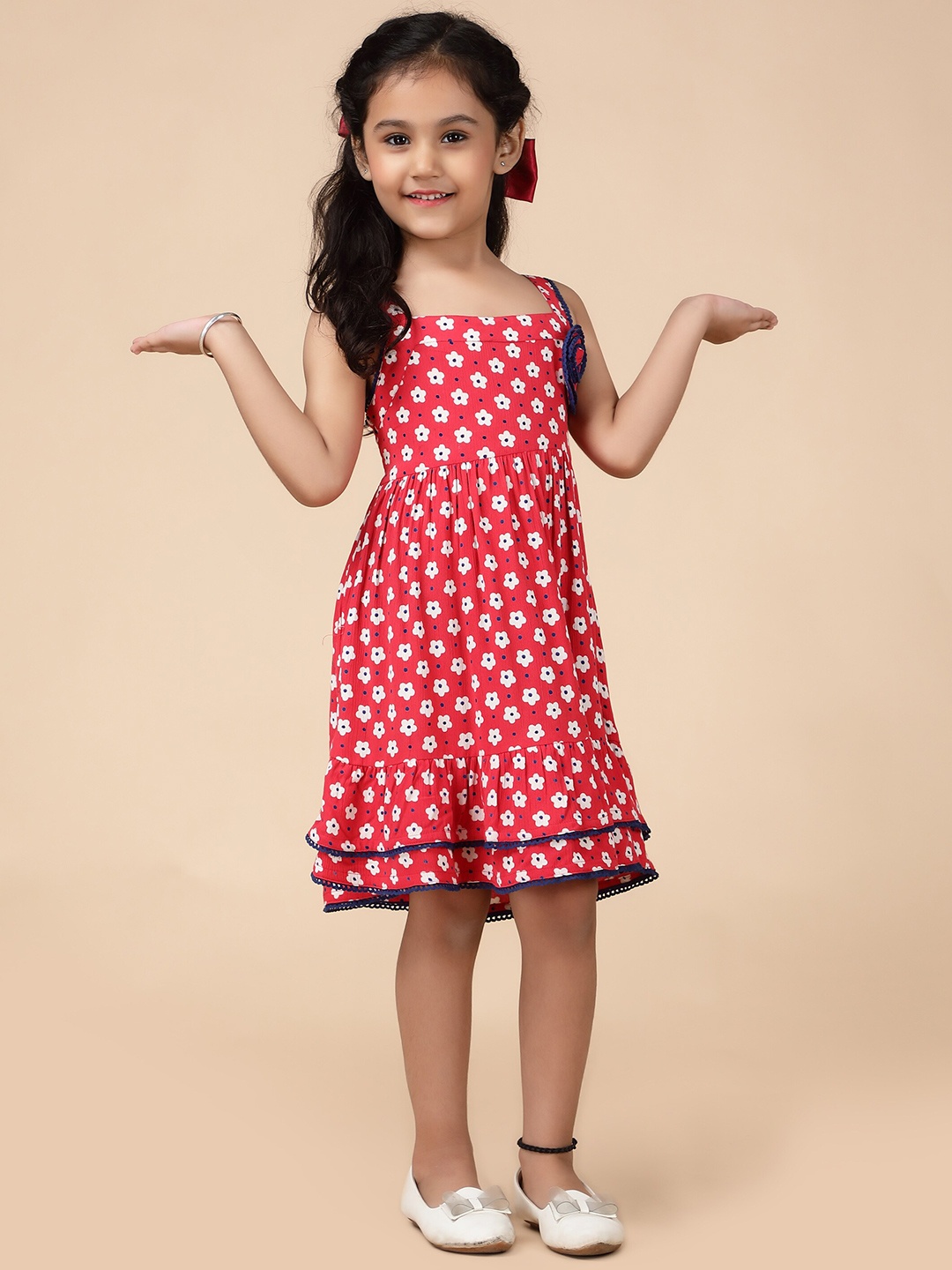 

KASYA Girls Polka Dot Printed Square Neck Sleeveless Lace-Up Fit & Flare Dress, Pink