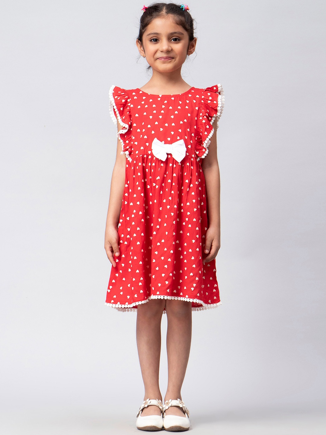 

KASYA Girls Round Neck Polka Dot Printed Flutter Sleeve Fit & Flare Dress, Red
