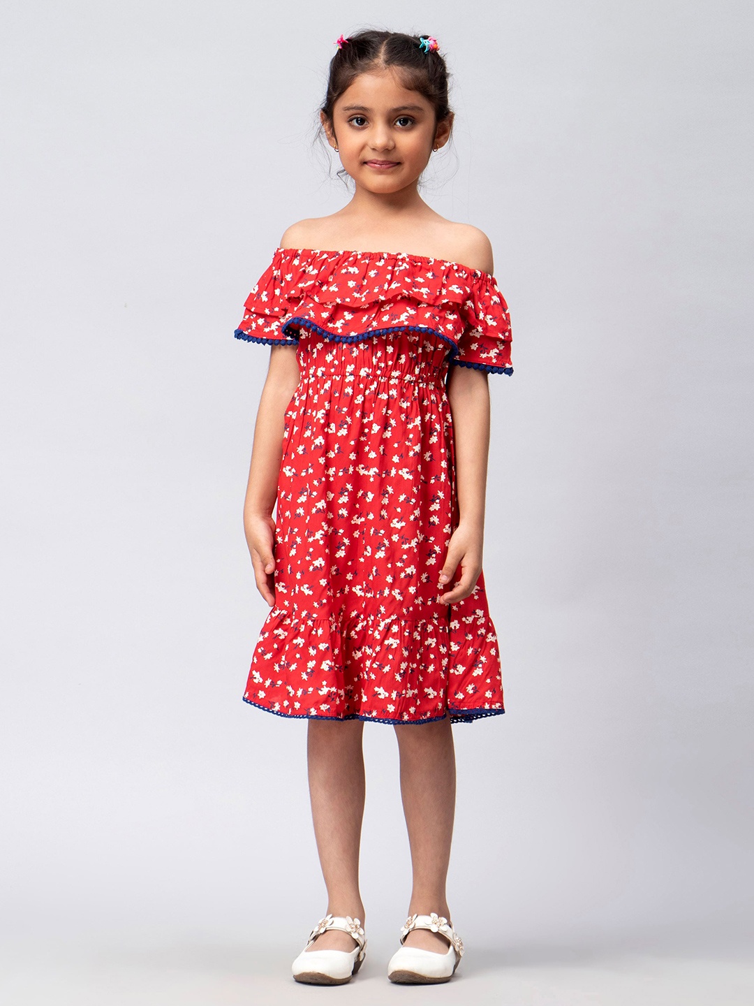 

KASYA Girls Off Shoulder Polka Dot Printed Off-Shoulder Fit & Flare Dress, Red