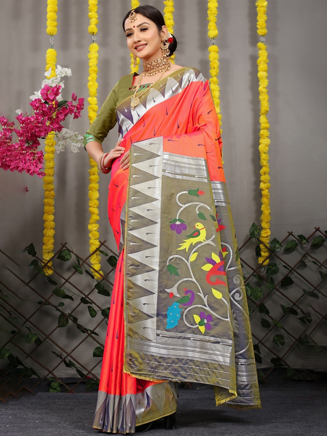 

CANIZZARO Ethnic Motif Woven Design Pure Silk Paithani Zari Saree, Orange
