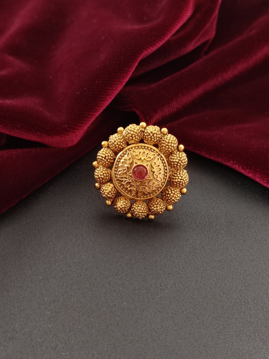 

Pihtara Jewels Gold-Plated Stone-Studded Adjustable Finger Ring