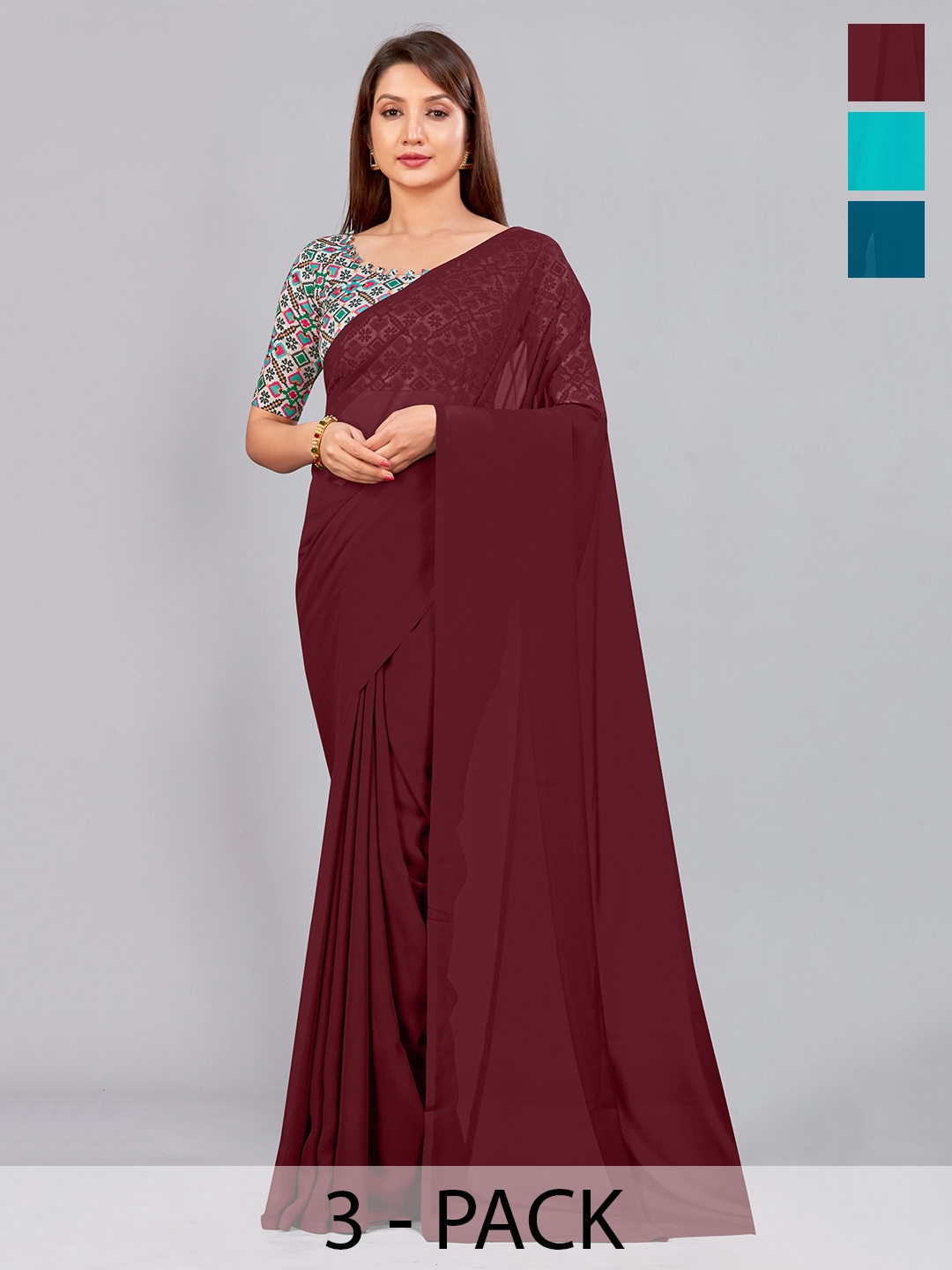 

CastilloFab Selection of 3 Pure Georgette Saree, Maroon