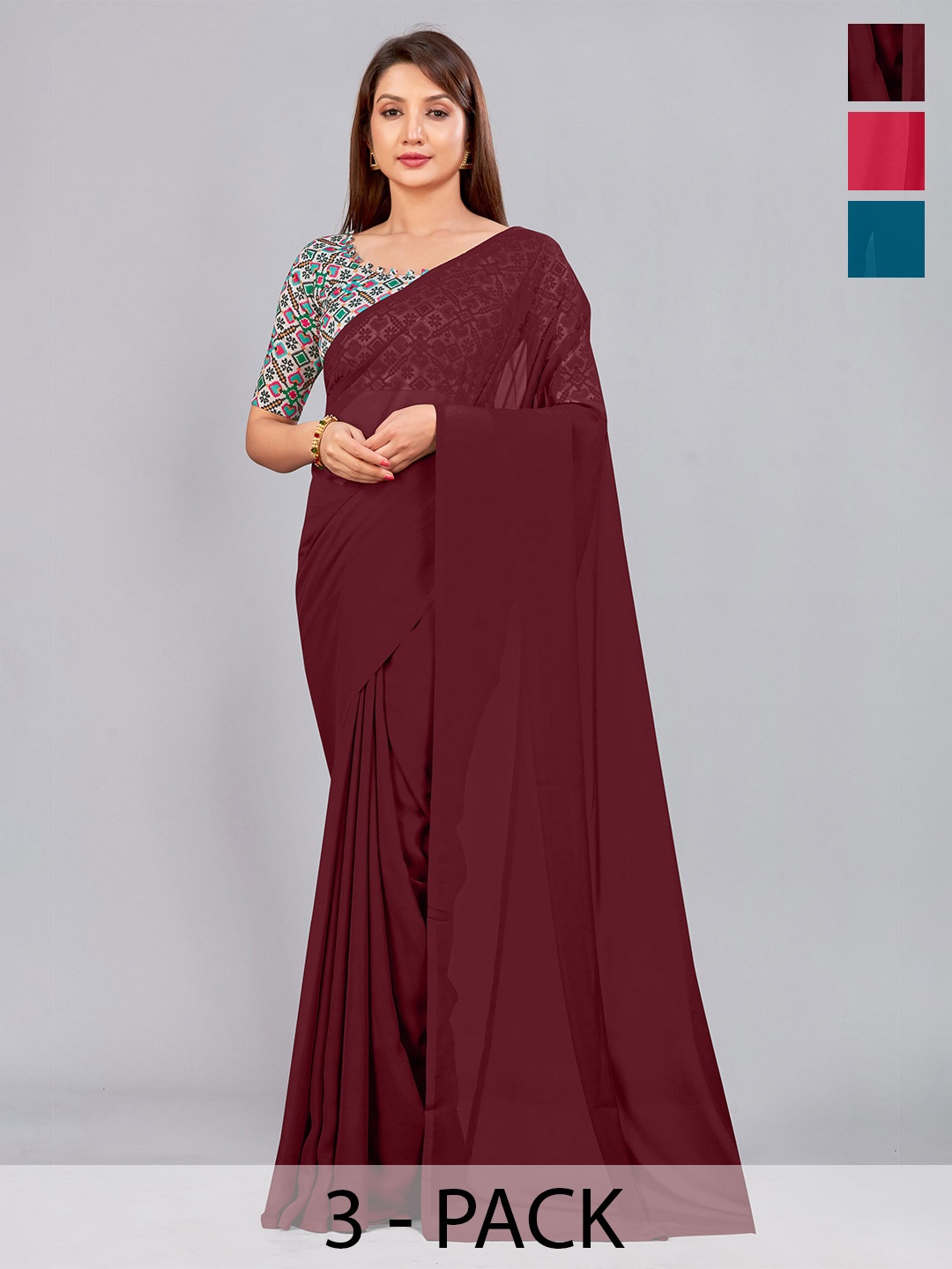 

CastilloFab Selection of 3 Pure Georgette Saree, Maroon