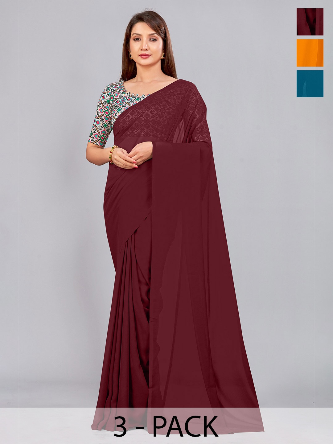 

CastilloFab Selection of 3 Pure Georgette Saree, Maroon