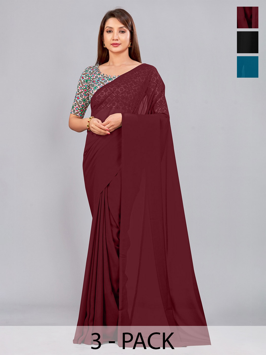 

CastilloFab Selection of 3 Pure Georgette Saree, Maroon