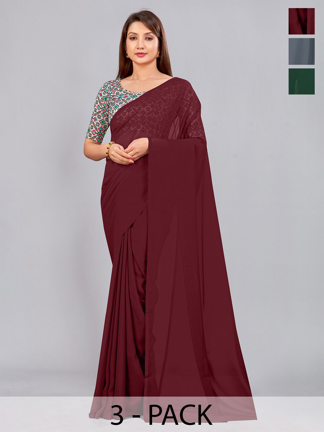 

CastilloFab Selection of 3 Pure Georgette Saree, Maroon