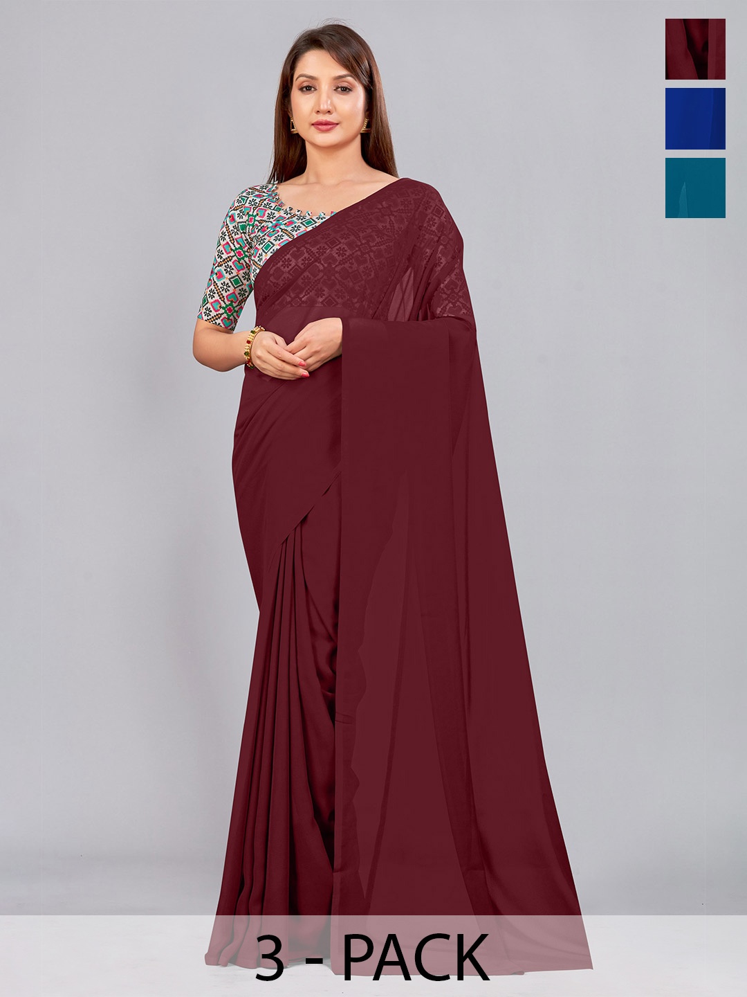 

CastilloFab Selection of 3 Pure Georgette Saree, Maroon