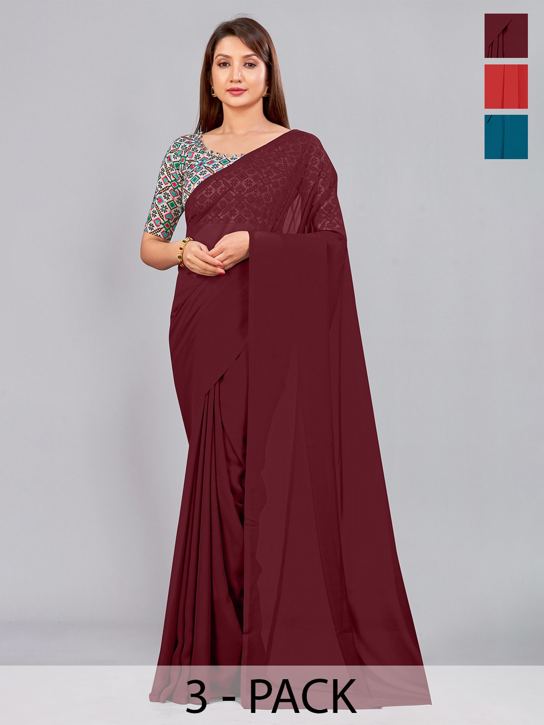 

CastilloFab Selection of 3 Pure Georgette Saree, Maroon