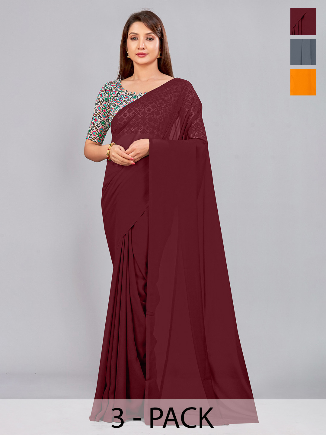 

CastilloFab Selection of 3 Pure Georgette Saree, Maroon