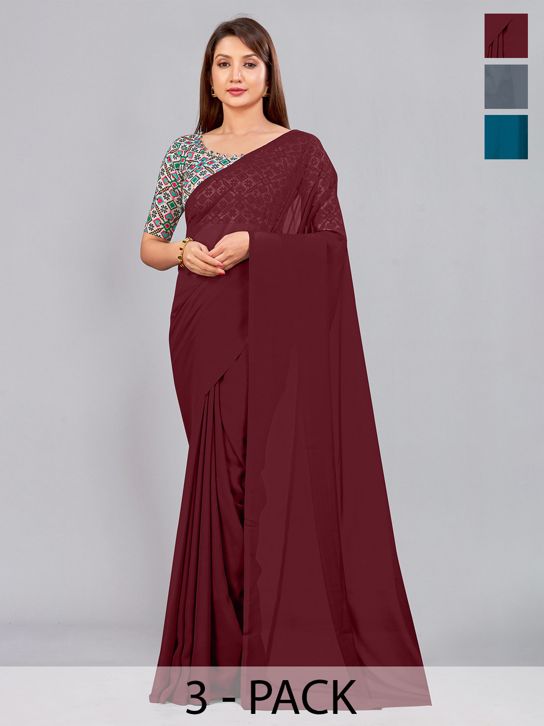 

CastilloFab Selection of 3 Pure Georgette Saree, Maroon