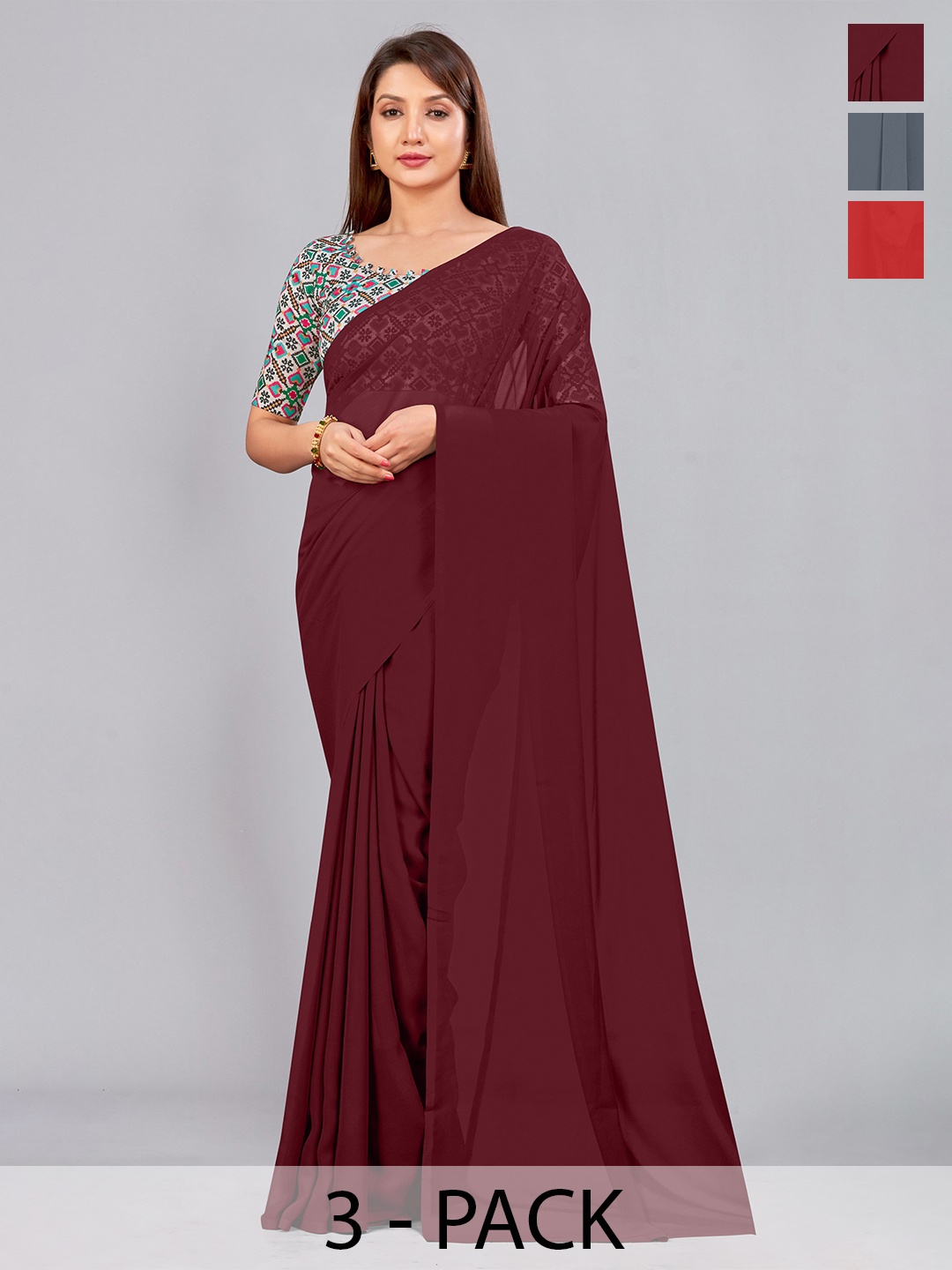 

CastilloFab Selection of 3 Pure Georgette Saree, Maroon