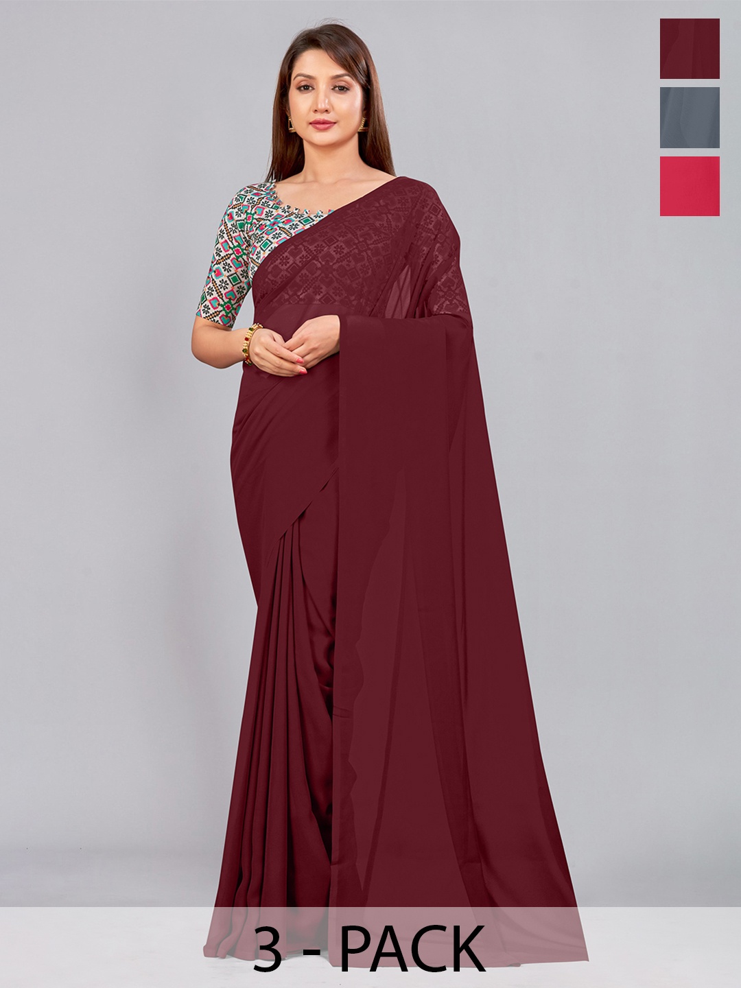 

CastilloFab Selection of 3 Pure Georgette Saree, Maroon