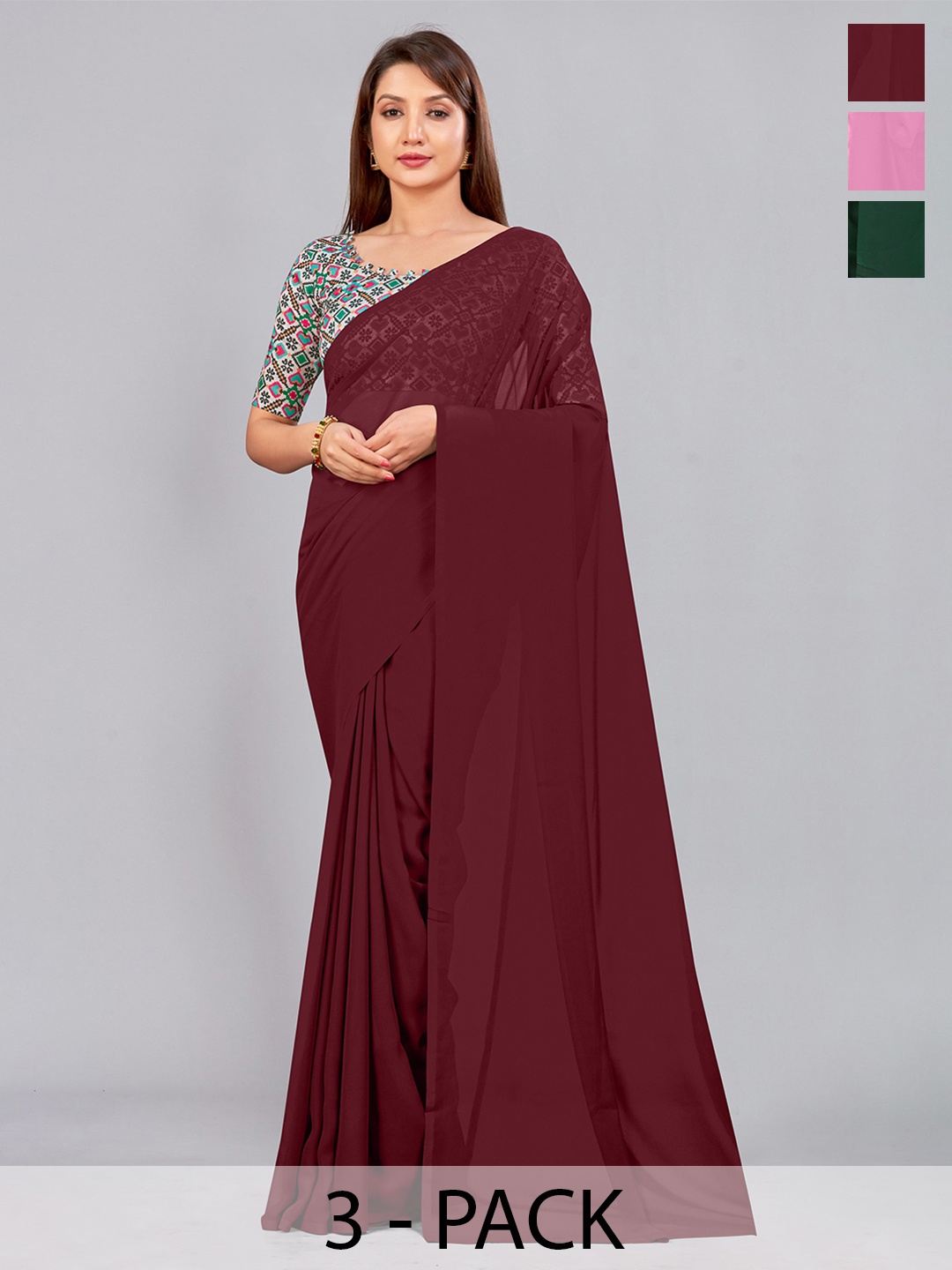 

CastilloFab Selection of 3 Pure Georgette Saree, Maroon