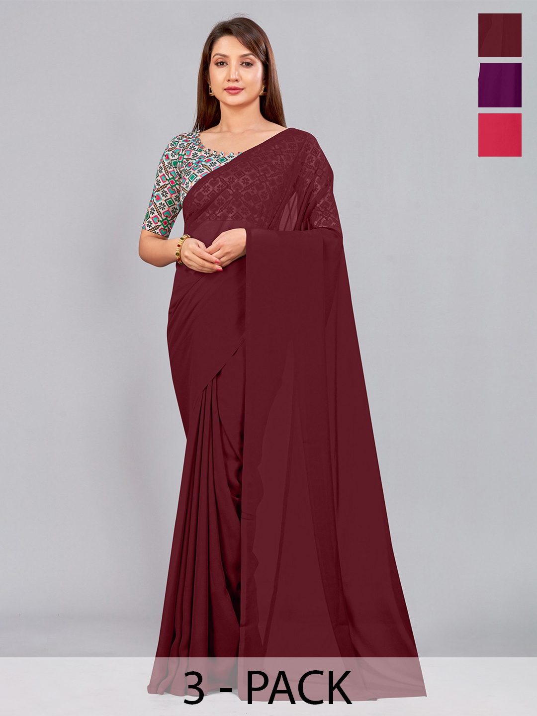 

CastilloFab Selection Of 3 Pure Georgette Saree, Maroon