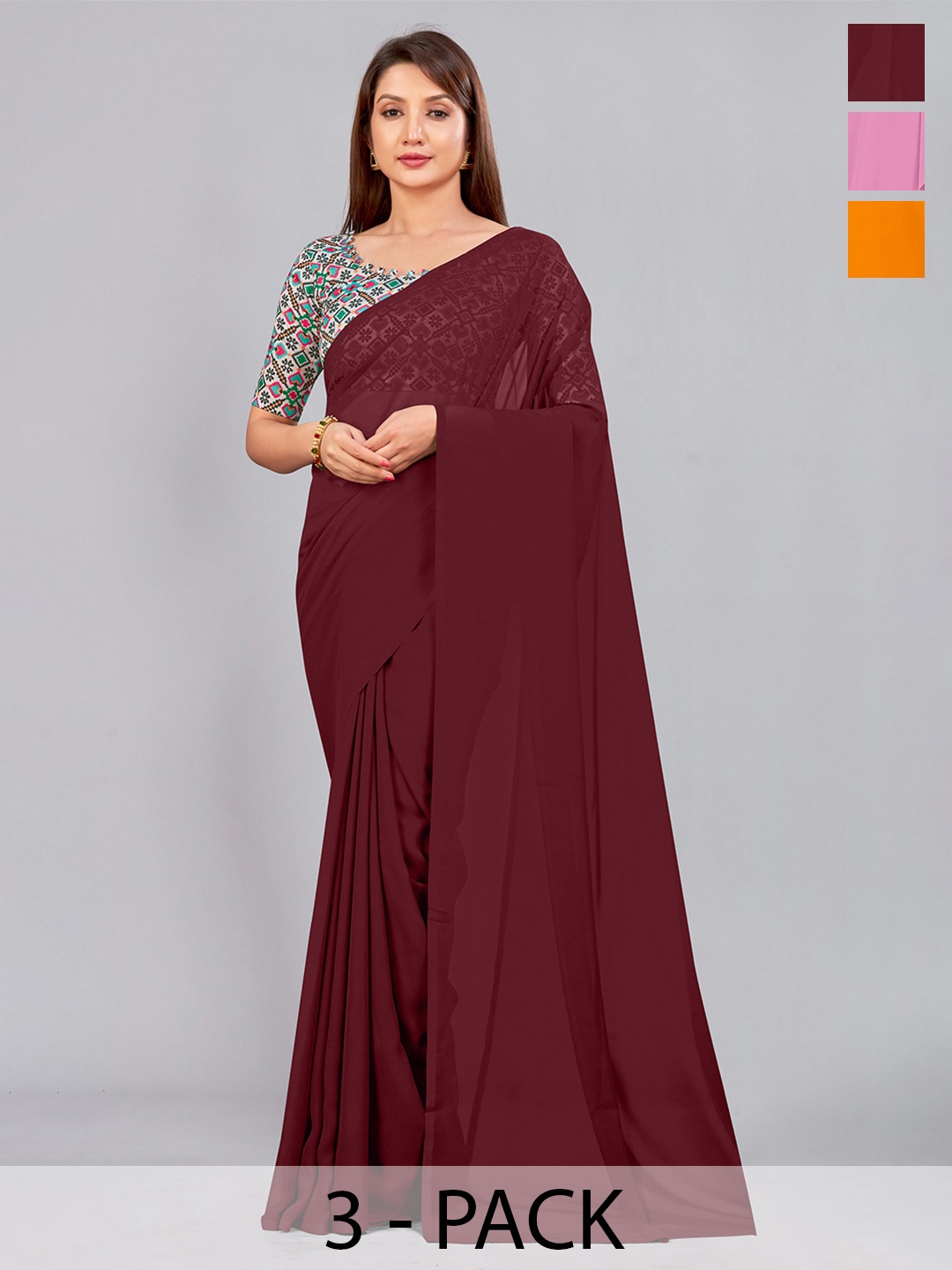 

CastilloFab Selection Of 3 Pure Georgette Saree, Maroon
