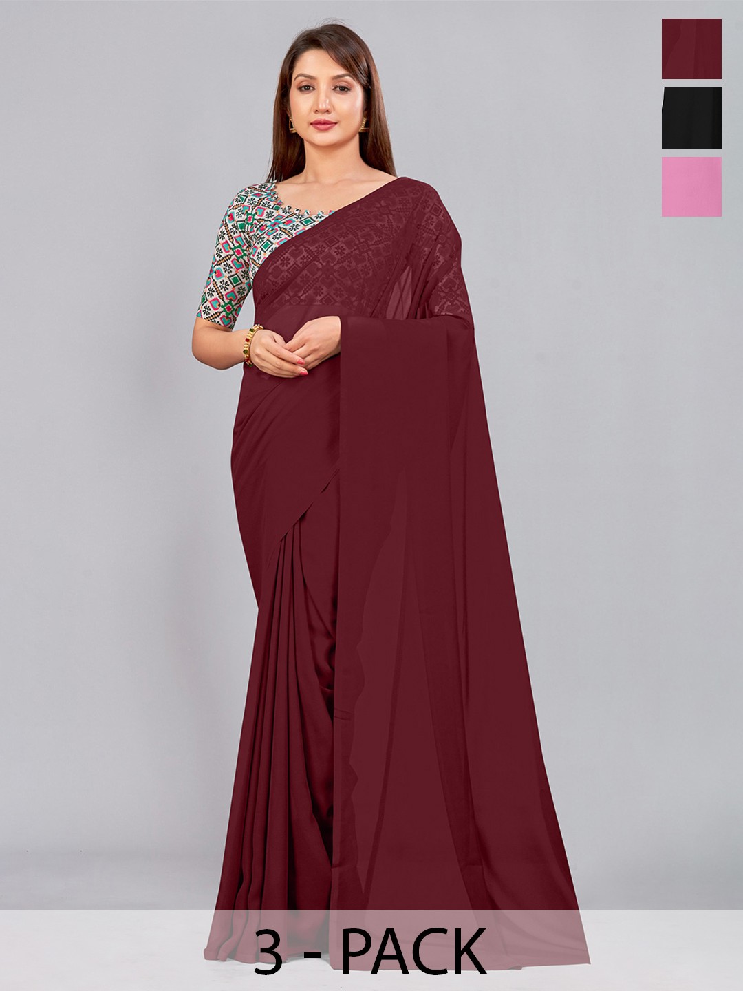 

CastilloFab Selection of 3 Pure Georgette Saree, Maroon