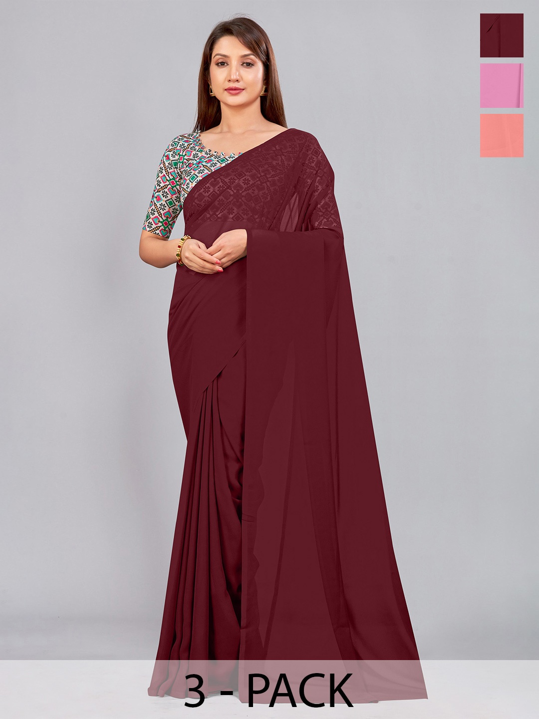 

CastilloFab Selection of 3 Pure Georgette Saree, Maroon