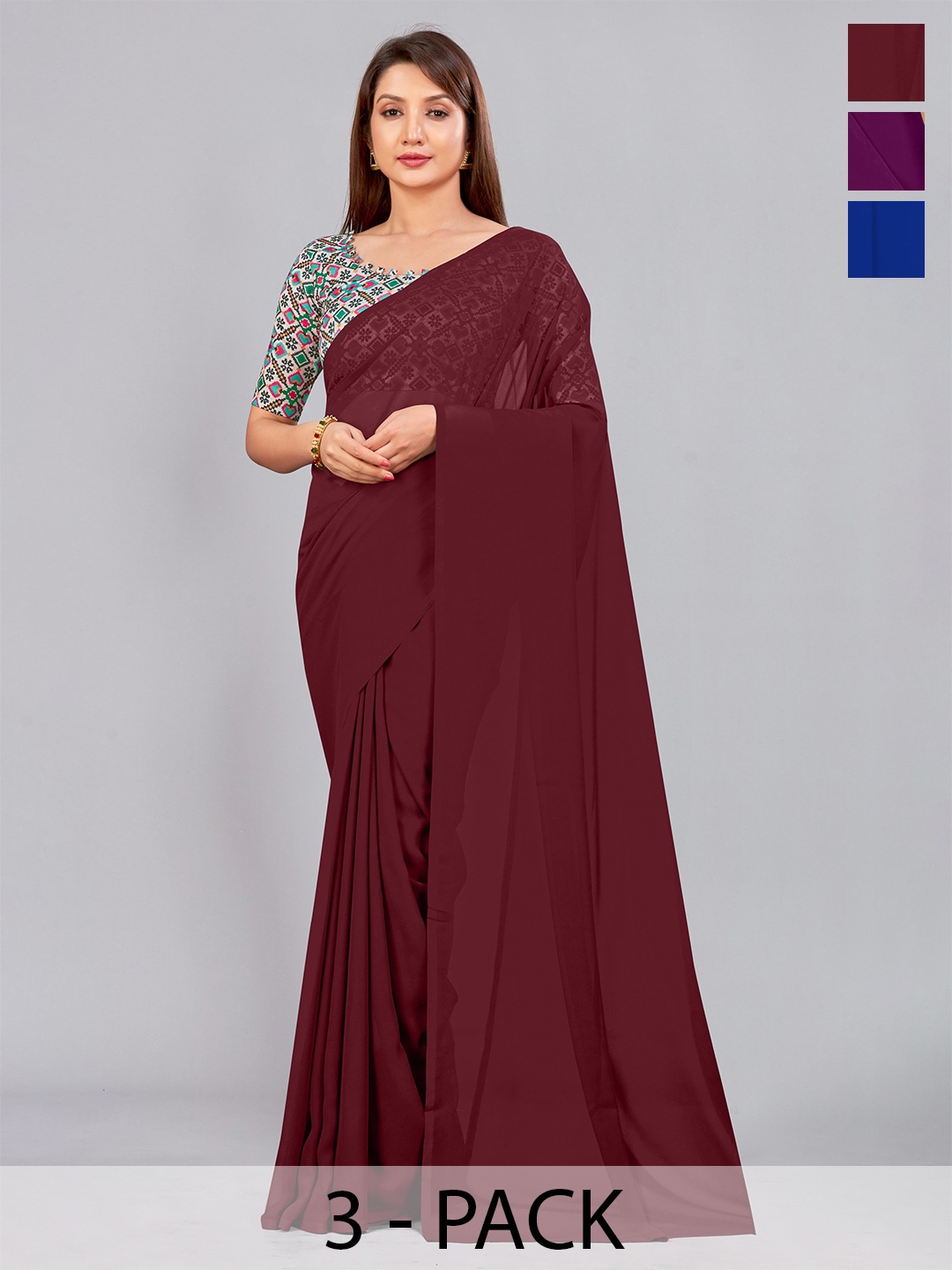 

CastilloFab Selection of 3 Pure Georgette Saree, Maroon