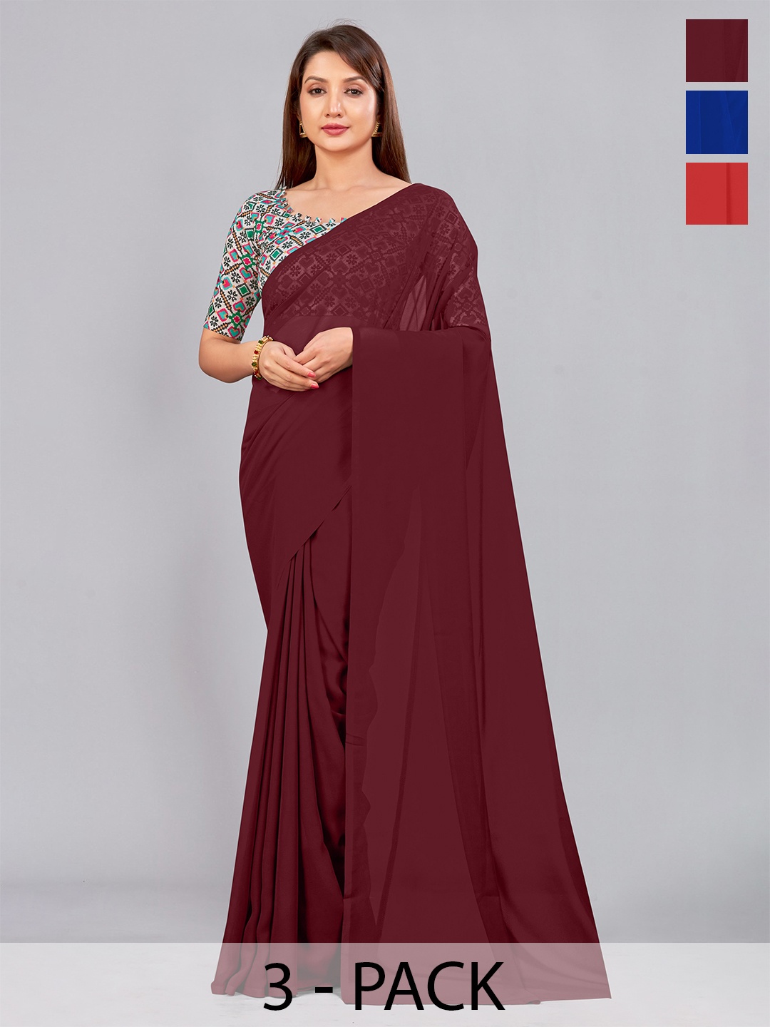 

CastilloFab Selection of 3 Pure Georgette Saree, Maroon
