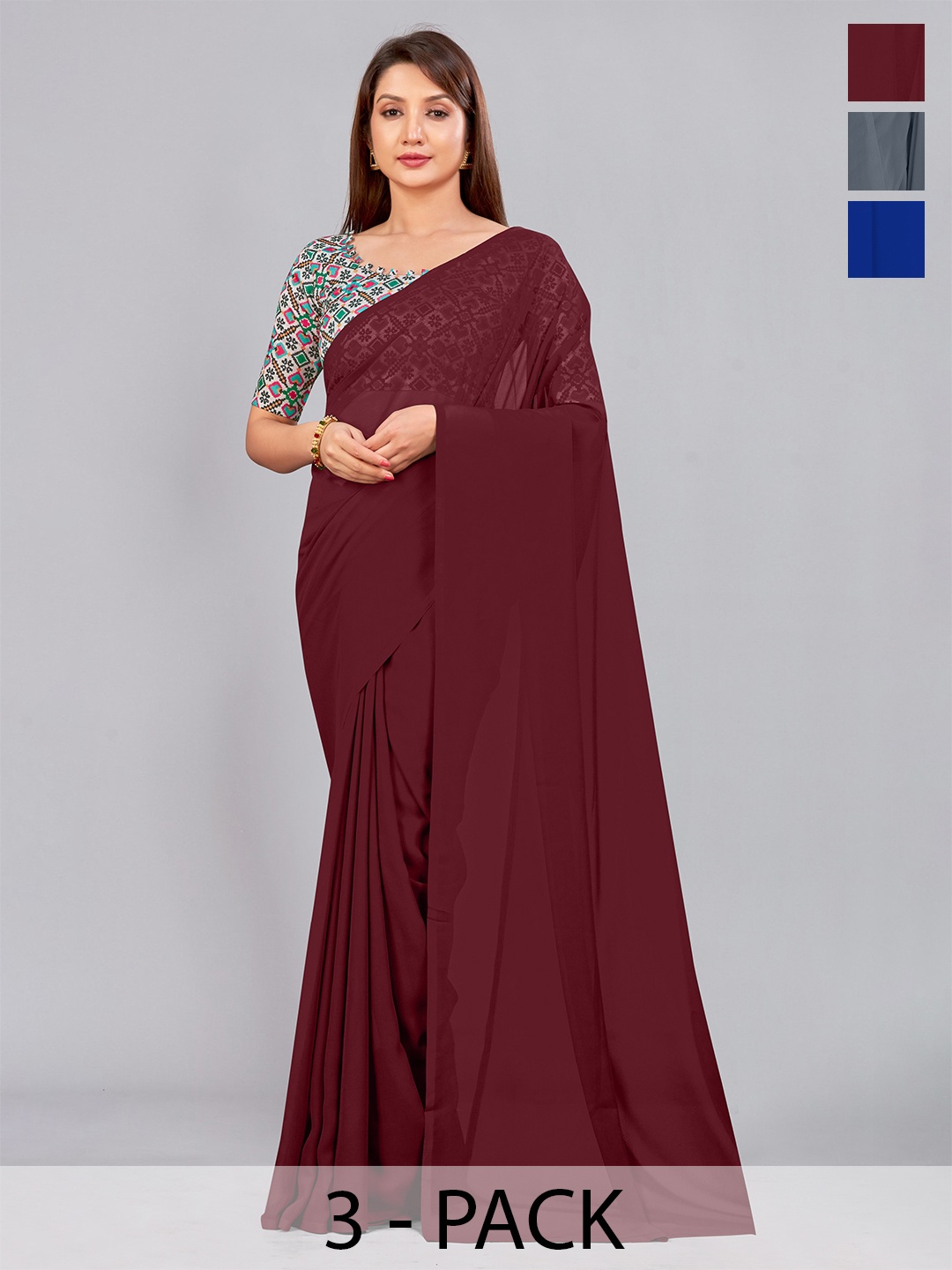 

CastilloFab Selection of 3 Pure Georgette Sarees, Maroon