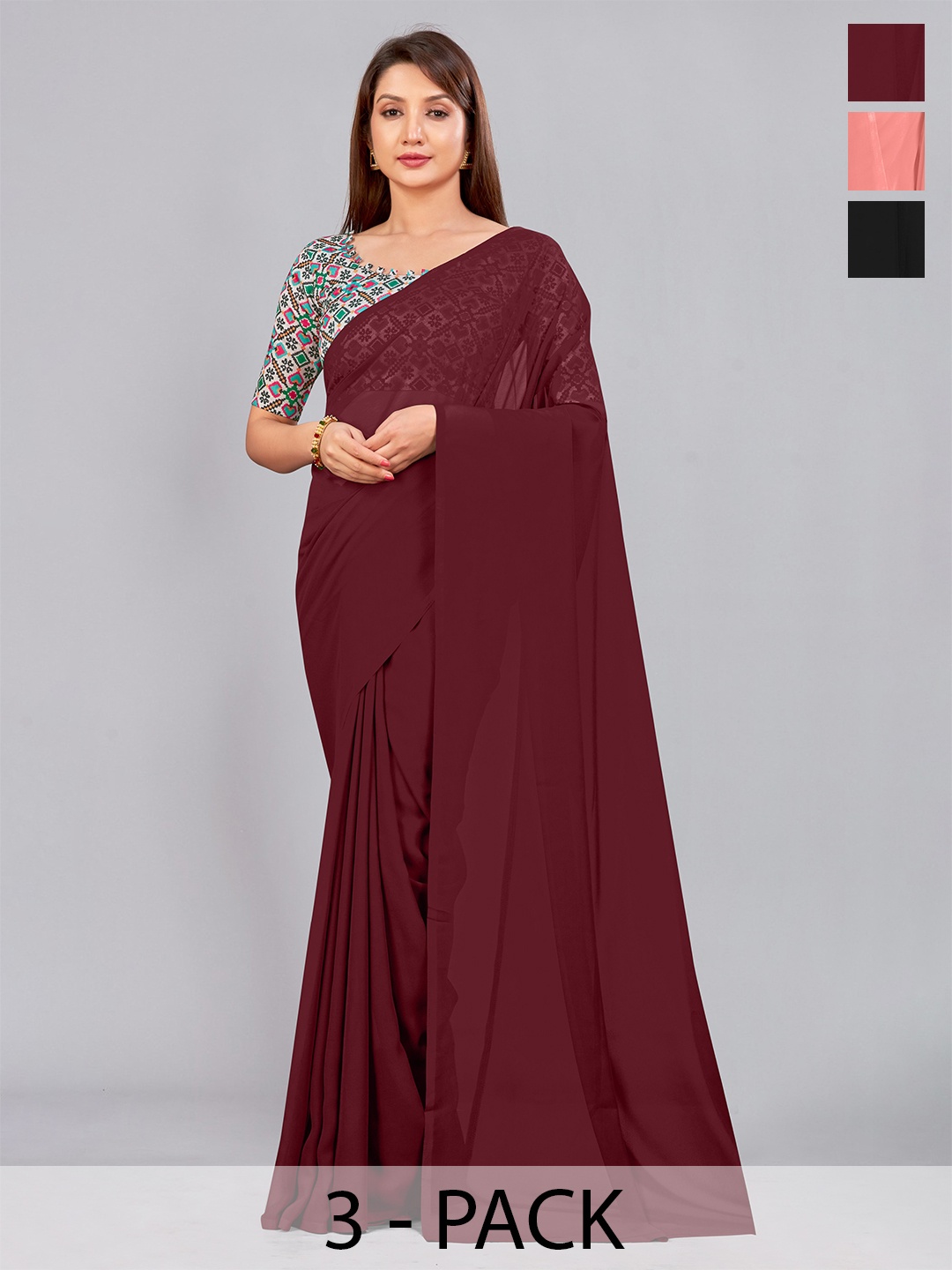 

CastilloFab Selection of 3 Pure Georgette Saree, Maroon