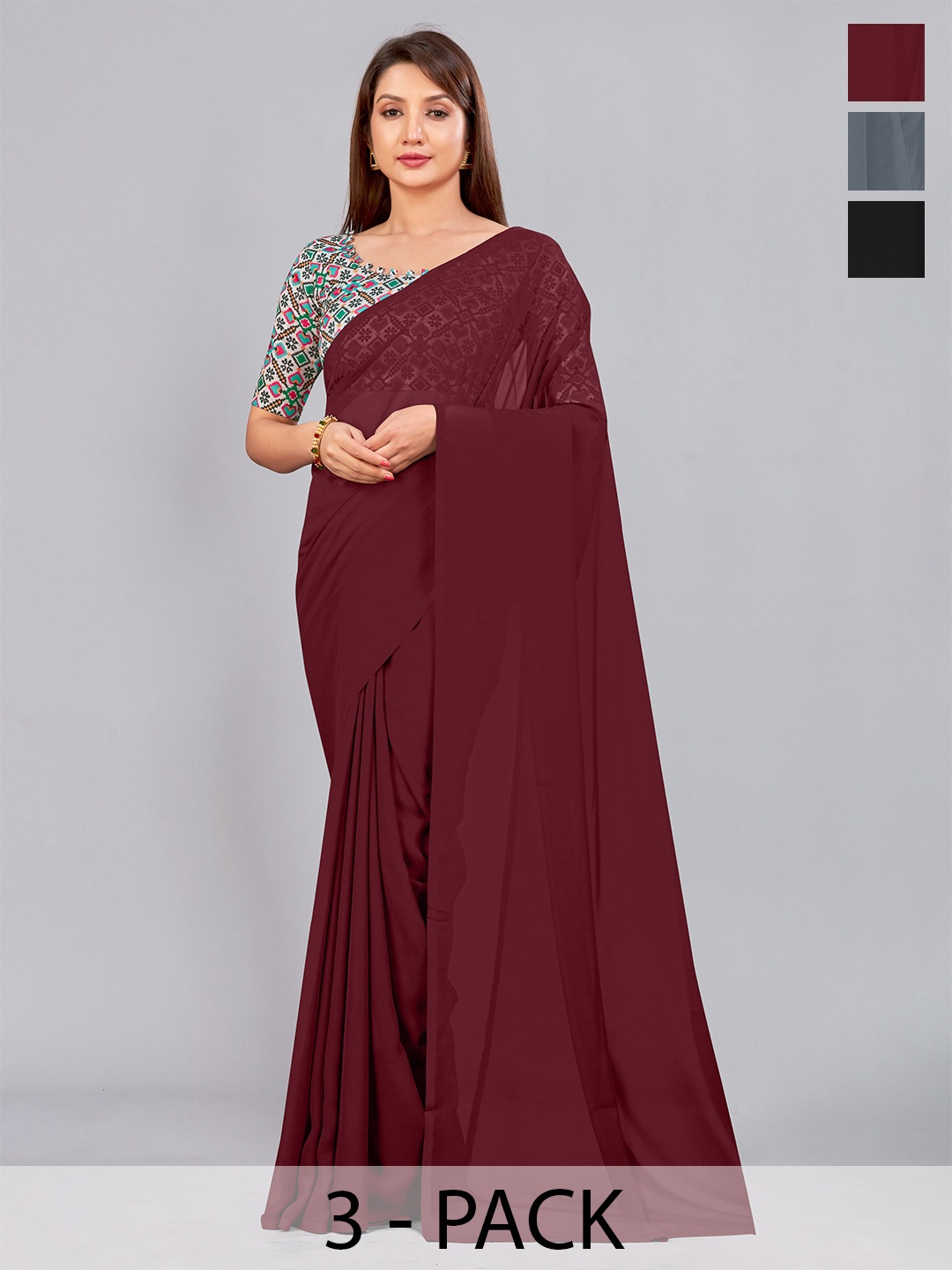 

CastilloFab Selection of 3 Pure Georgette Saree, Maroon