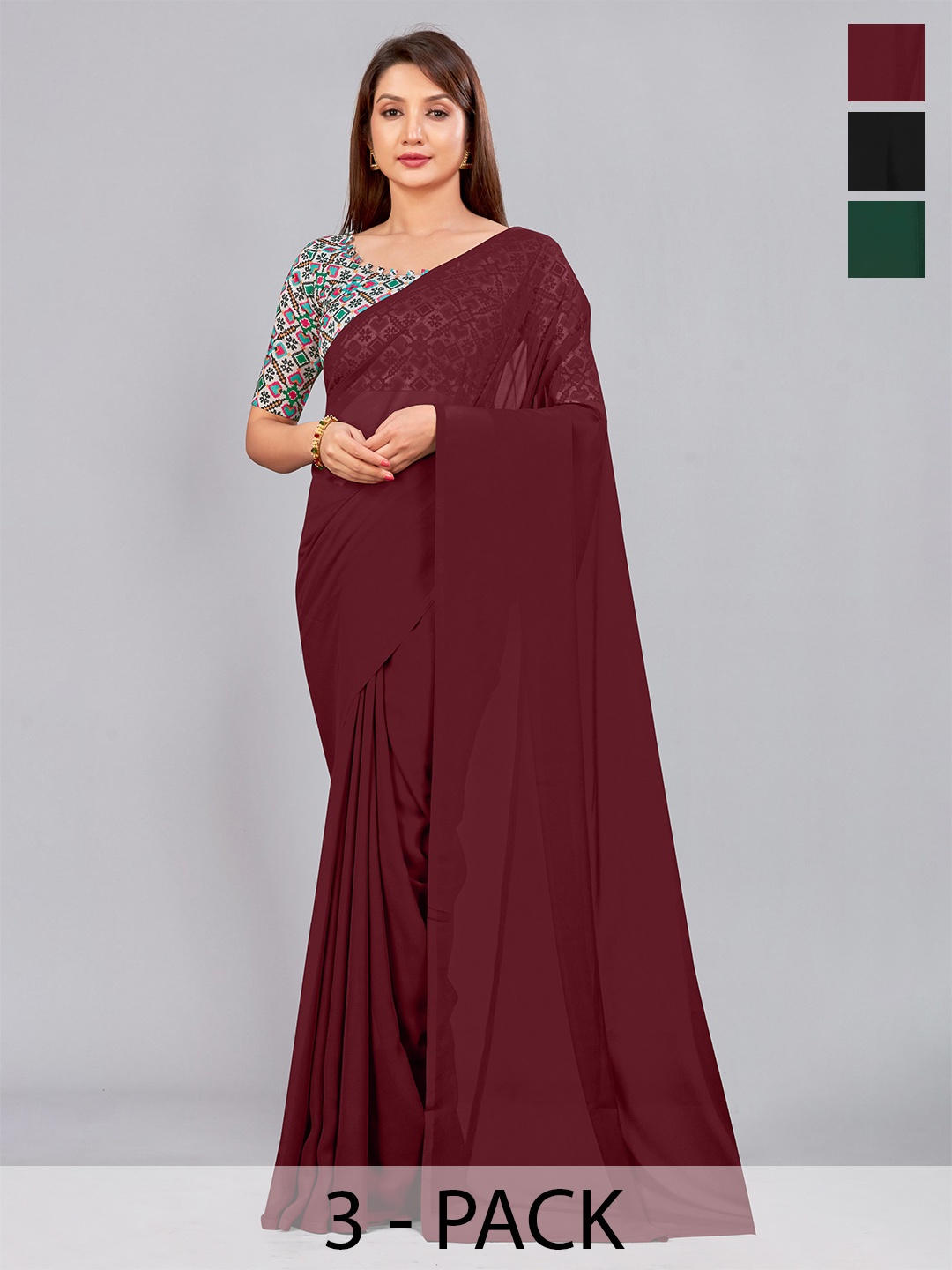 

CastilloFab Selection of 3 Pure Georgette Saree, Maroon
